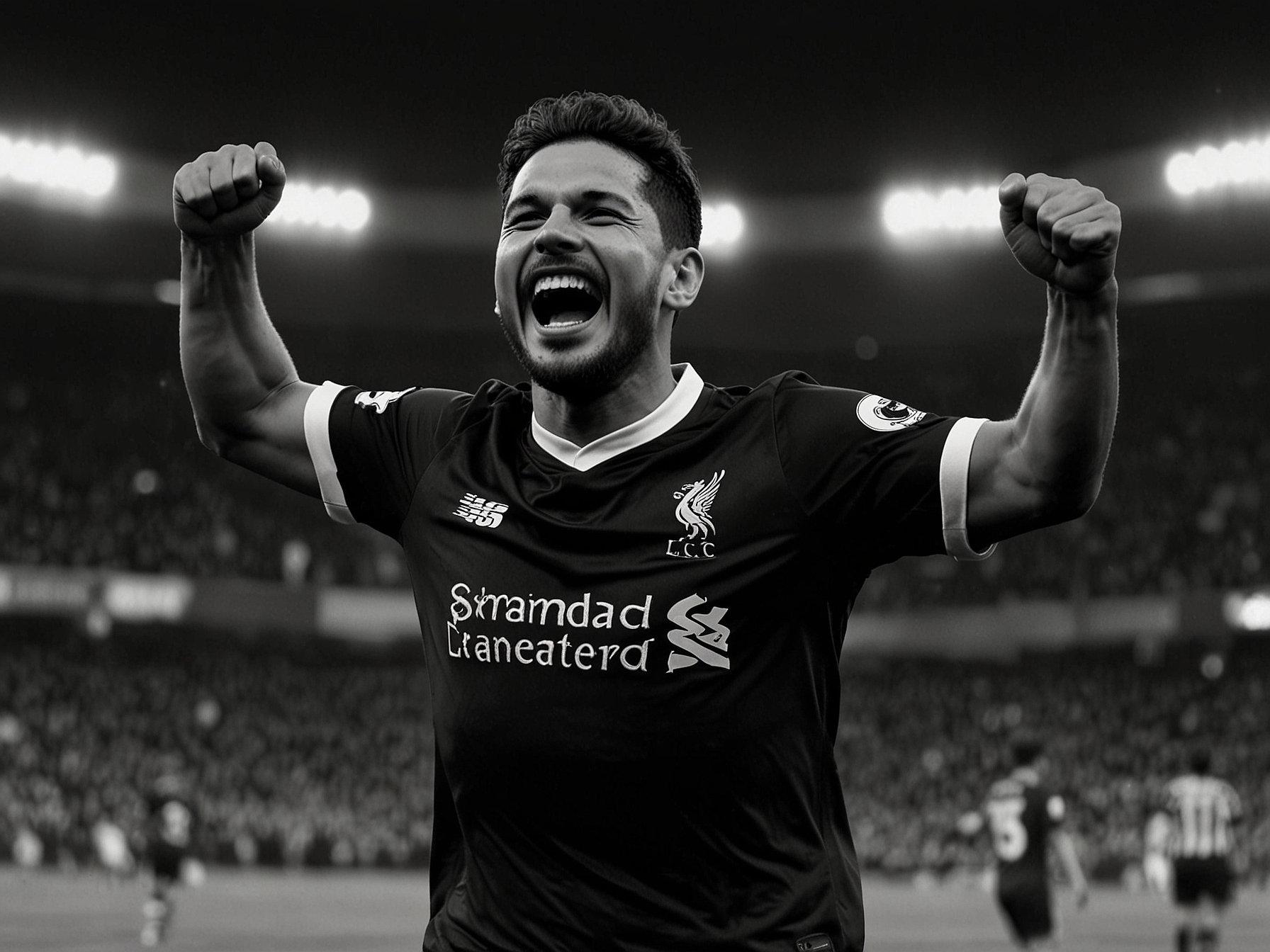 A wide shot of Anfield filled with ecstatic Liverpool fans during the match, illustrating the electrifying atmosphere of the comeback victory.