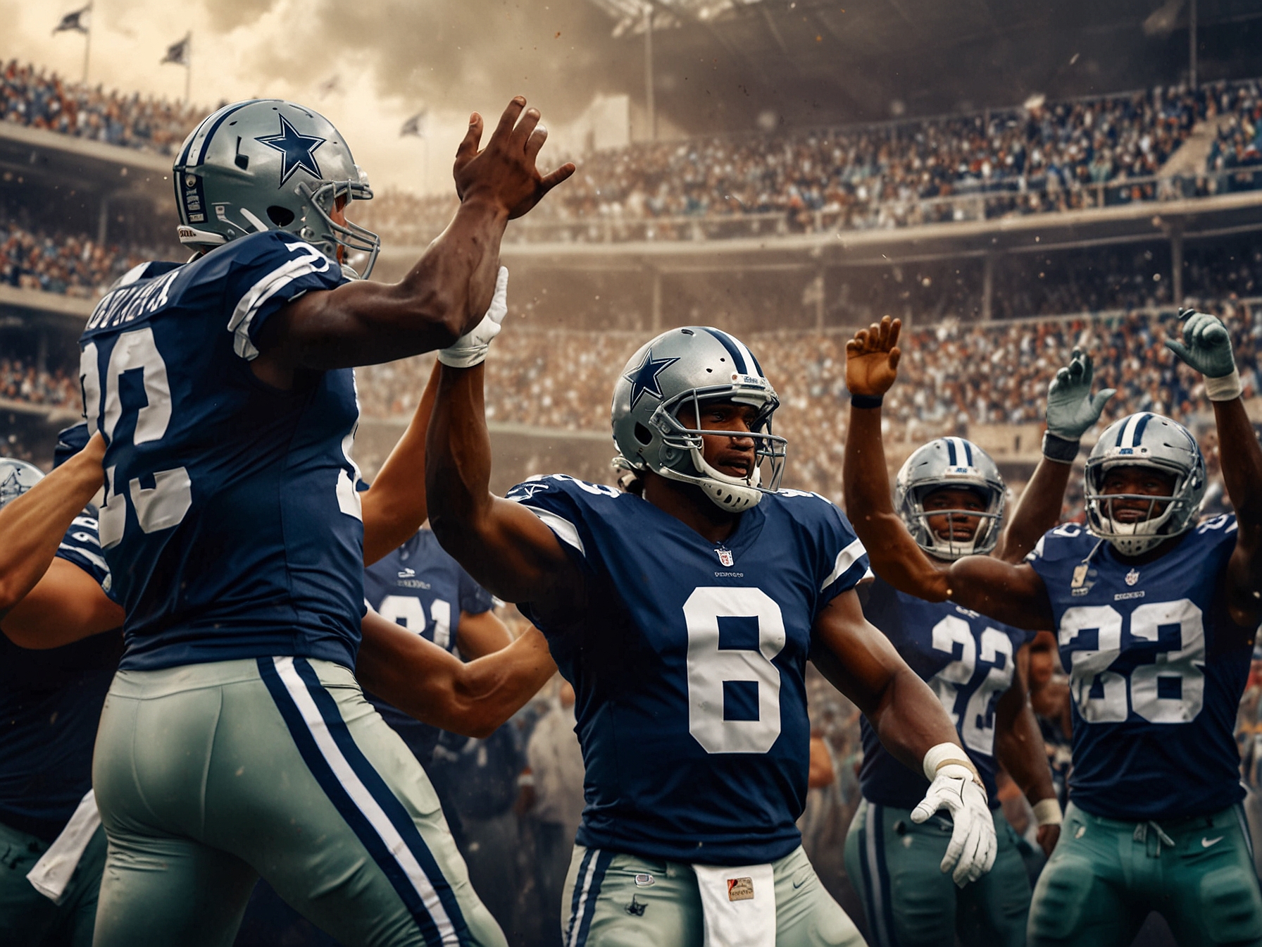 An action-packed scene from the game featuring Dallas Cowboys players celebrating a touchdown against the Washington Commanders, with fans cheering in the background.
