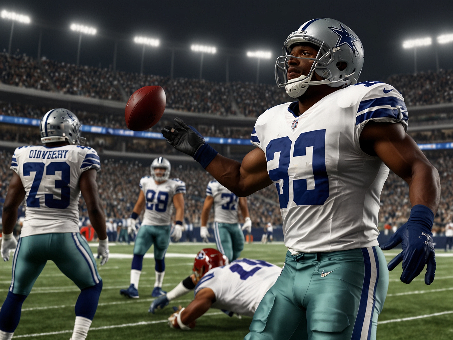 A close-up shot of Micah Parsons in full gear, showcasing determination as he prepares to take on the quarterback, embodying the Cowboys' defensive strength during the game.