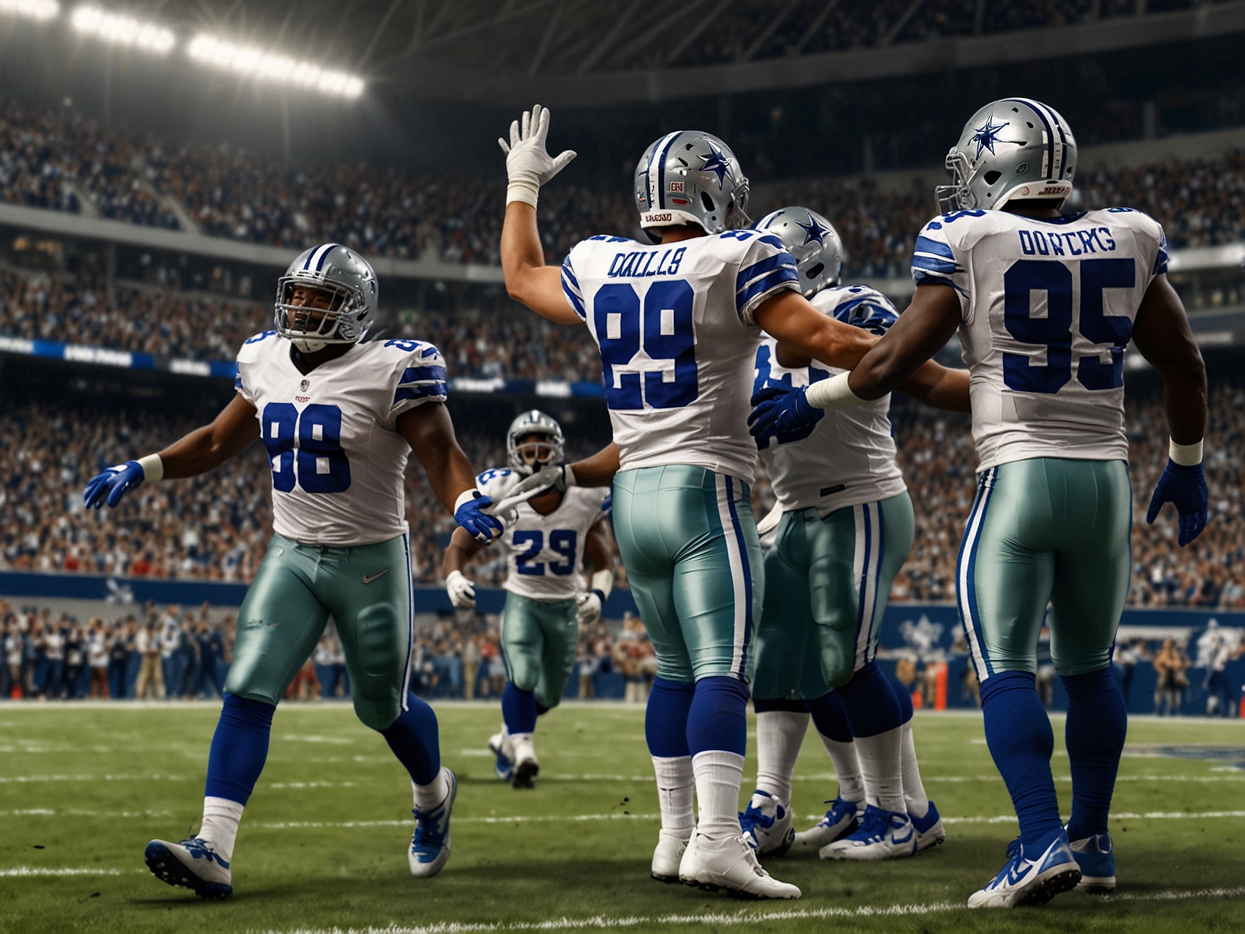 The crowd at AT&T Stadium erupting in joy after the Cowboys secure their victory, capturing the emotional relief of fans experiencing the rollercoaster of the game.