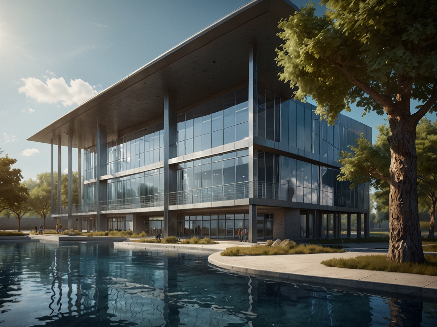 An architectural rendering of a modern water treatment facility, showcasing advanced technology and environmentally sustainable design features, symbolizing the future of water management.