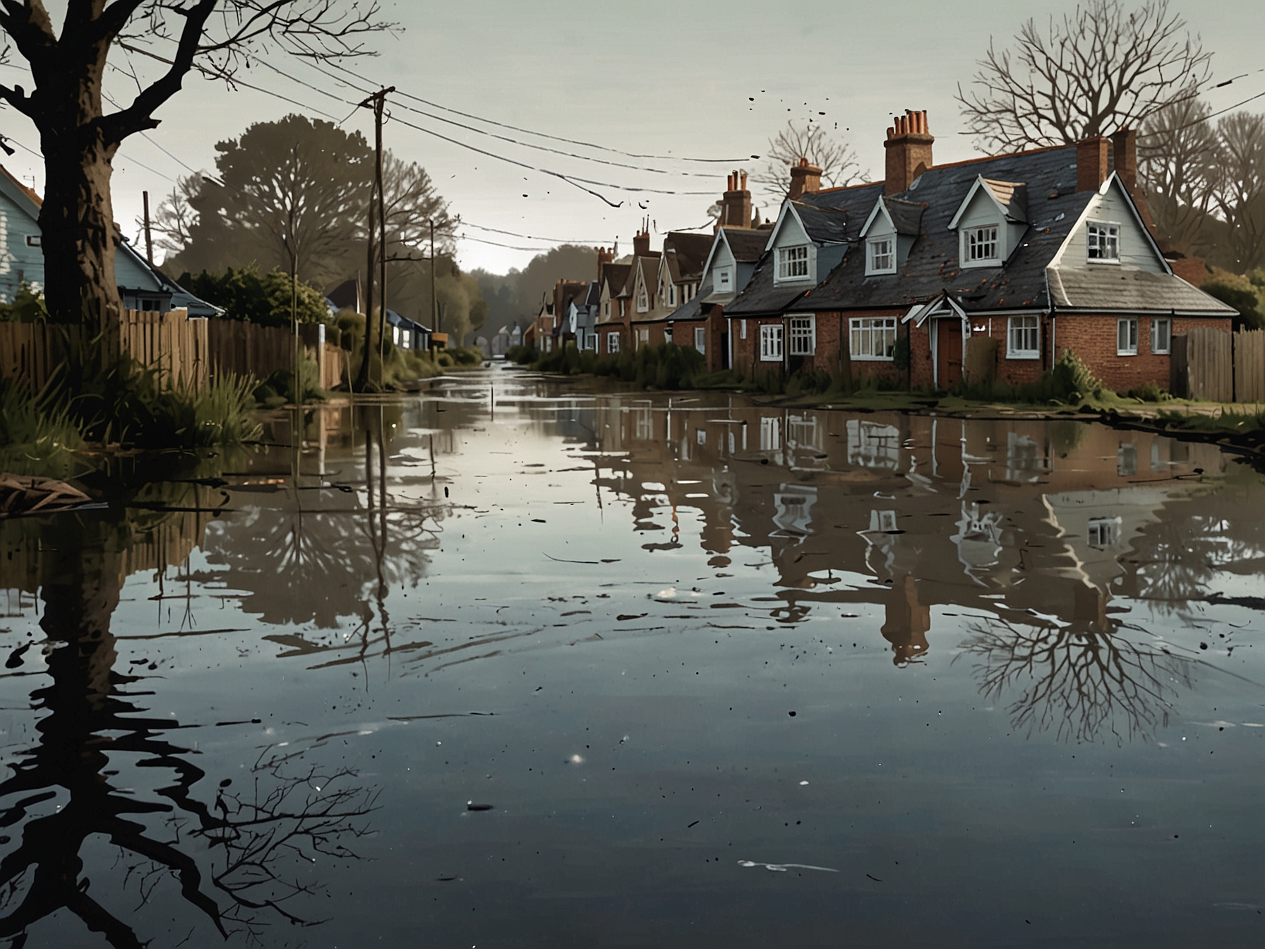 A flooded road in the UK with submerged homes on either side, showcasing extensive water damage from Storm Bert amidst fallen trees and debris.