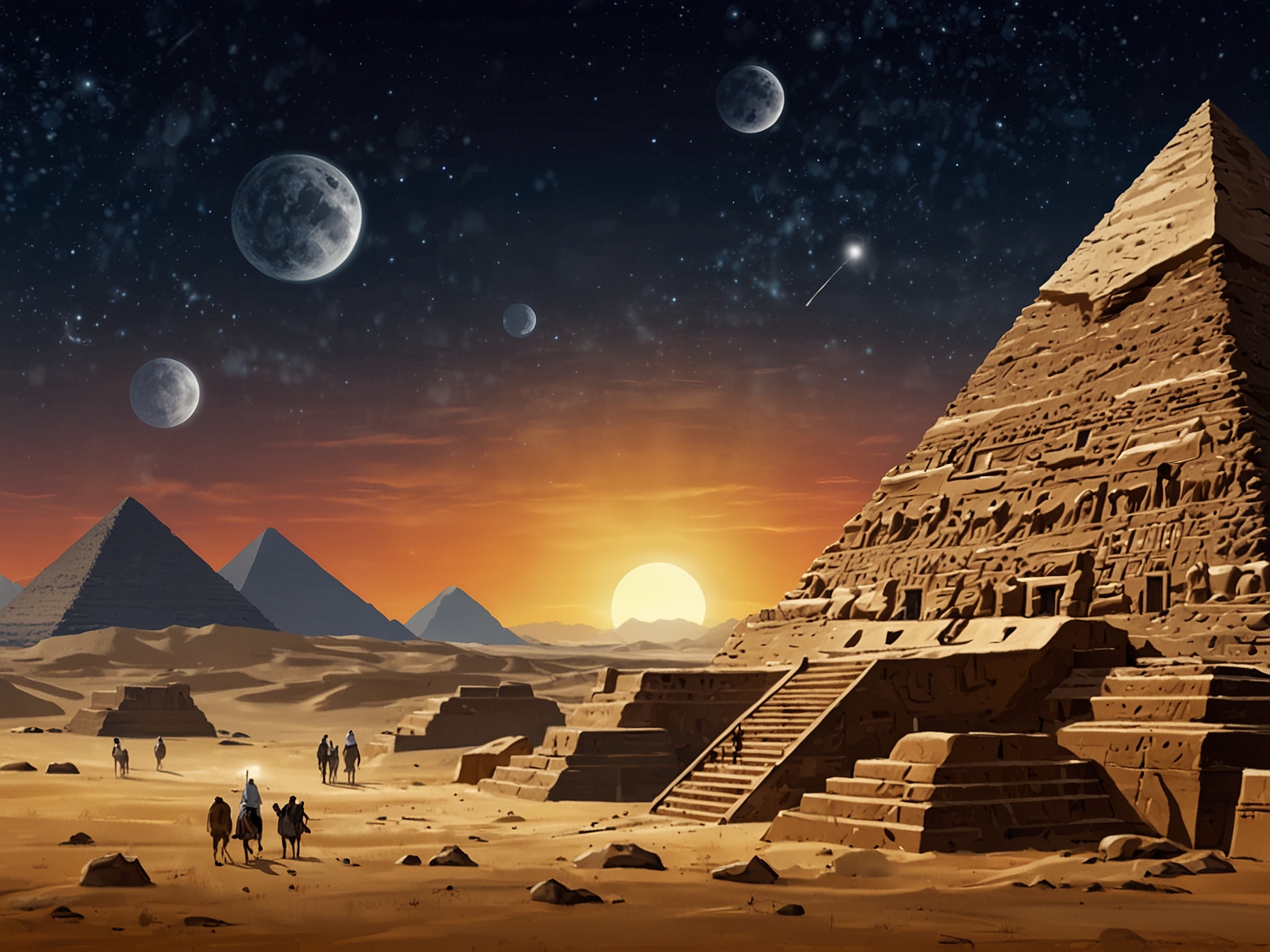 An artistic representation of ancient Egypt with pyramids and aliens, contrasting traditional Egyptian civilization and speculative alien presence, evoking curiosity about history.