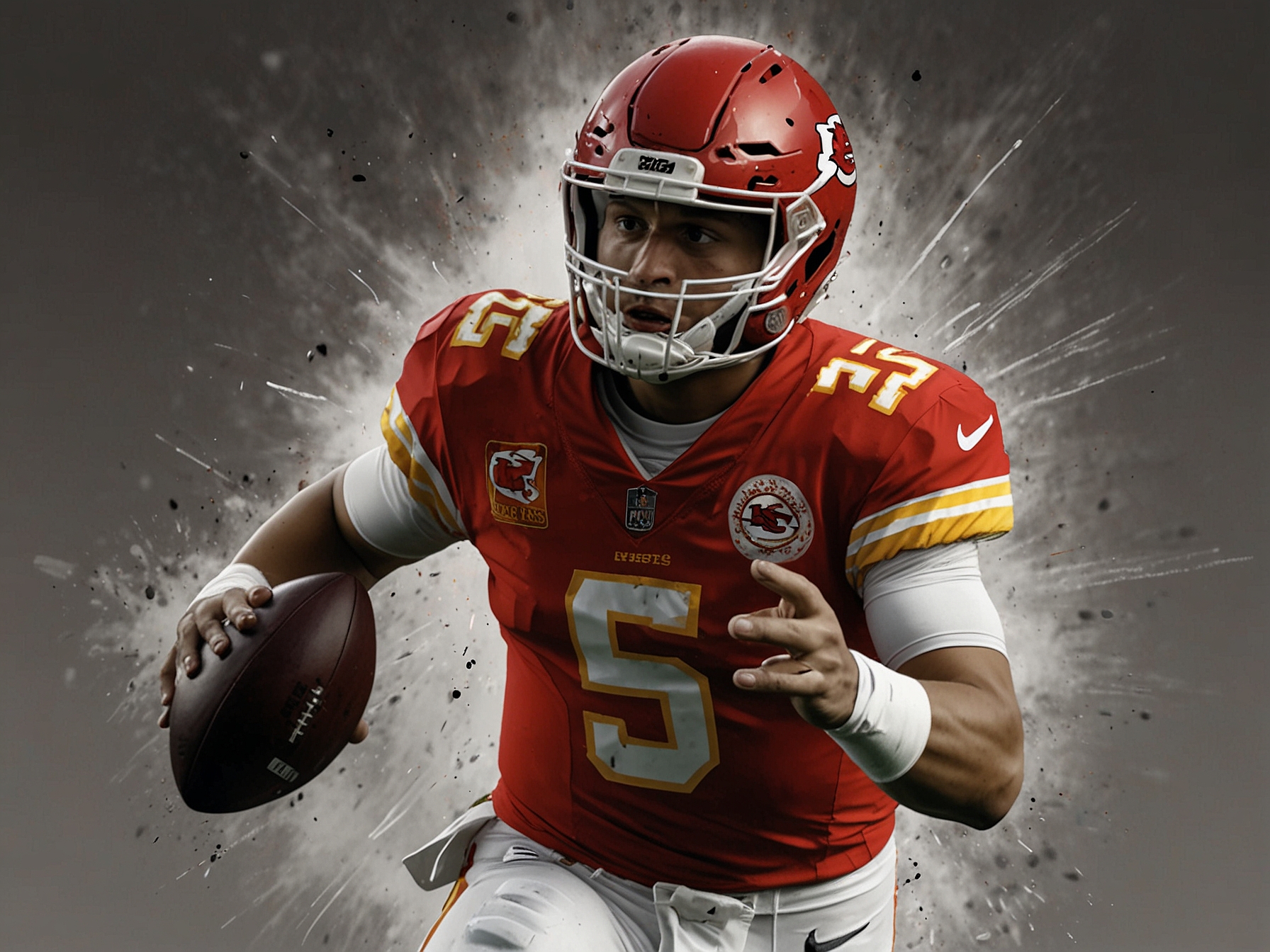 An intense moment in a Kansas City Chiefs game, showcasing Patrick Mahomes in action, evading defenders while maintaining focus on the game clock, capturing the essence of thrilling football.