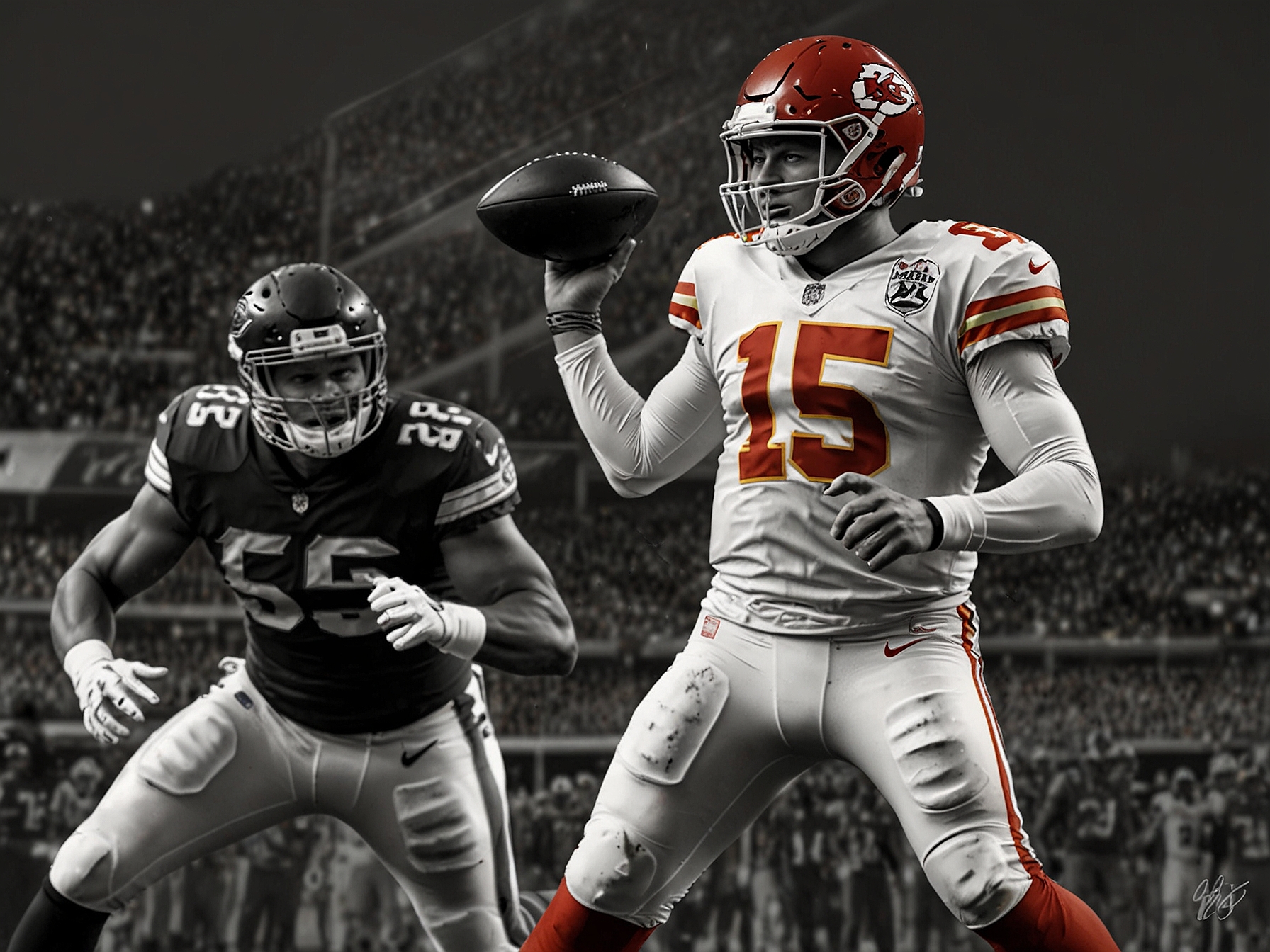 A rookie kicker, Spencer Shrader, preparing for a game-winning field goal against the backdrop of a tense stadium atmosphere, encapsulating the pressure and excitement of last-second plays.