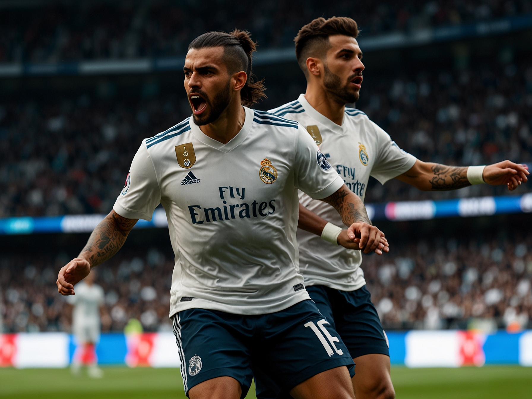 An action shot of Real Madrid players Camavinga and Ceballos working together on the field, highlighting their coordination and tactical evolution in a match setting.