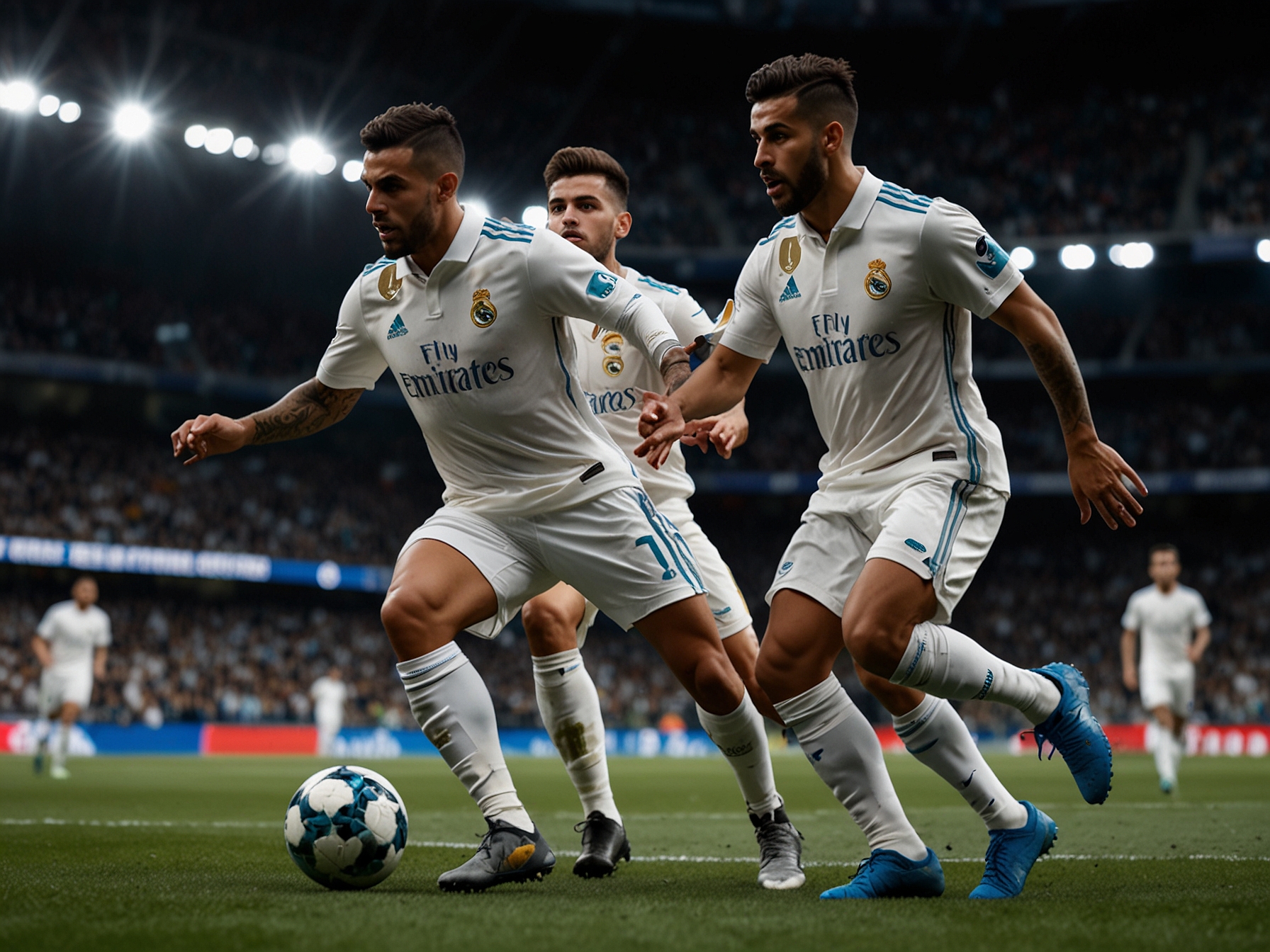 A close-up of Ancelotti on the sidelines, analyzing the game with a focused expression, emphasizing his role in implementing new strategies for the team's success.