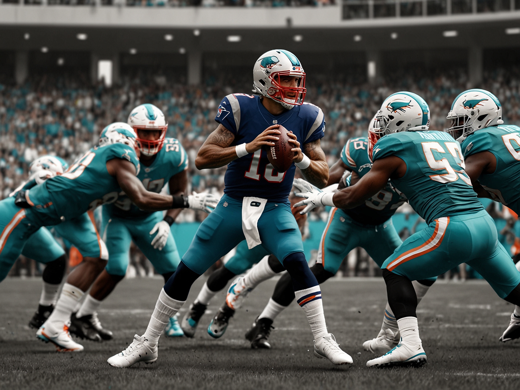 The image shows the action on the field at Hard Rock Stadium, with Patriots quarterback Drake Maye surrounded by Dolphins defenders as he attempts to make a pass, encapsulating the game’s intensity.