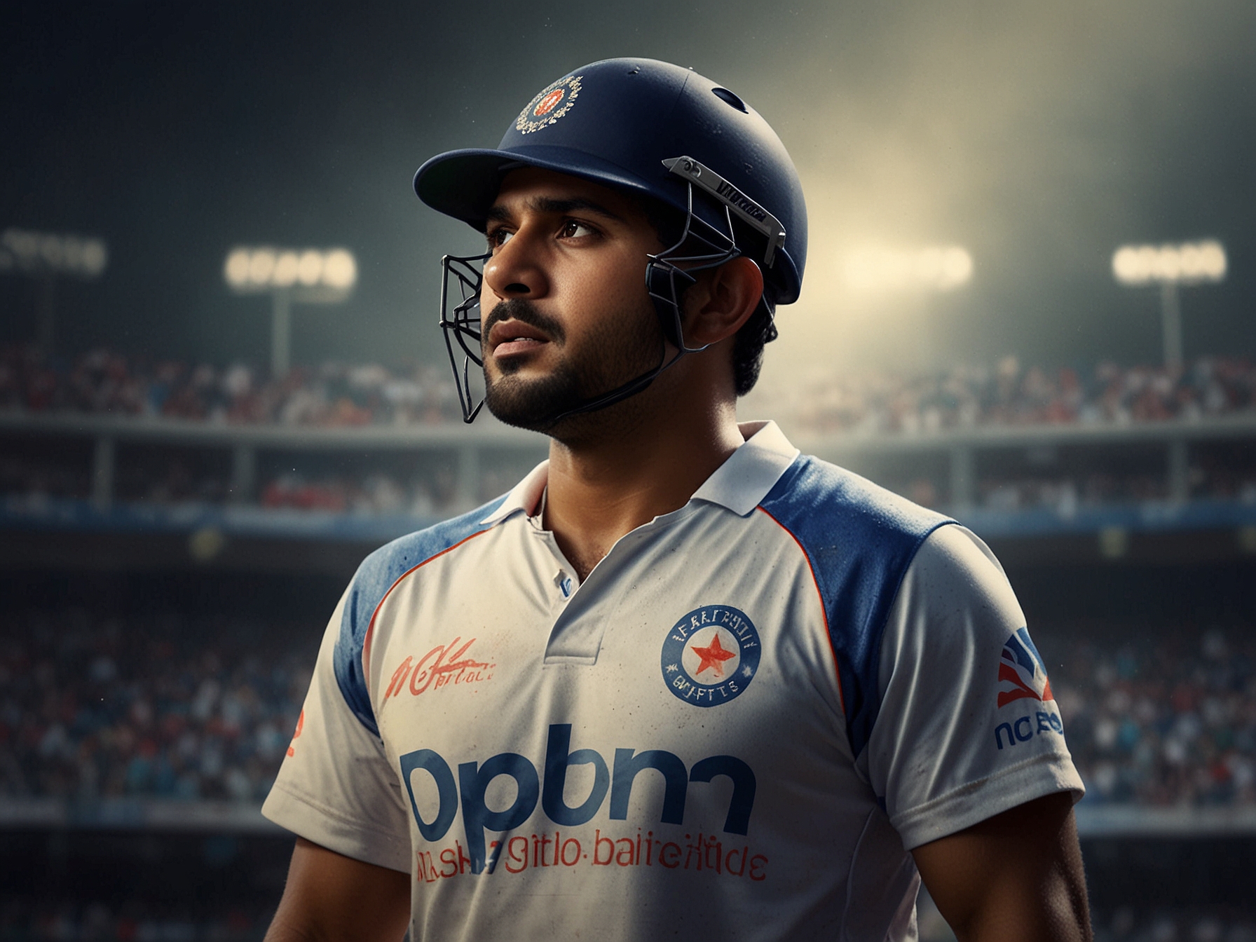 An intense close-up of Karun Nair preparing to bat, showcasing determination and focus as he stands in front of a packed stadium, with the Delhi Capitals' logo visible on his jersey.