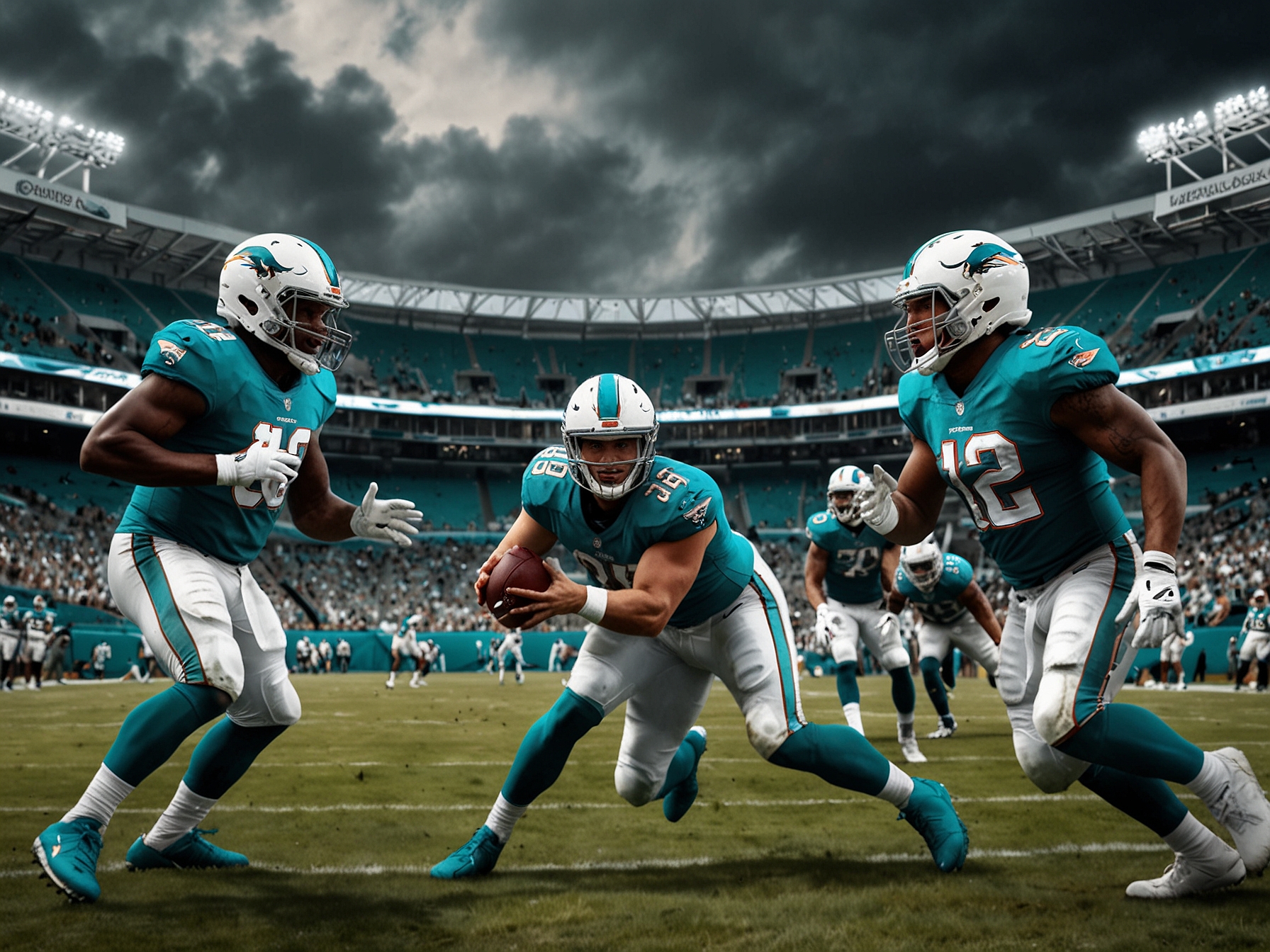 A shot of the scoreboard reflecting the final score of 34-15, with Dolphins fans celebrating in the background, emphasizing the stark contrast between the two teams' performances.