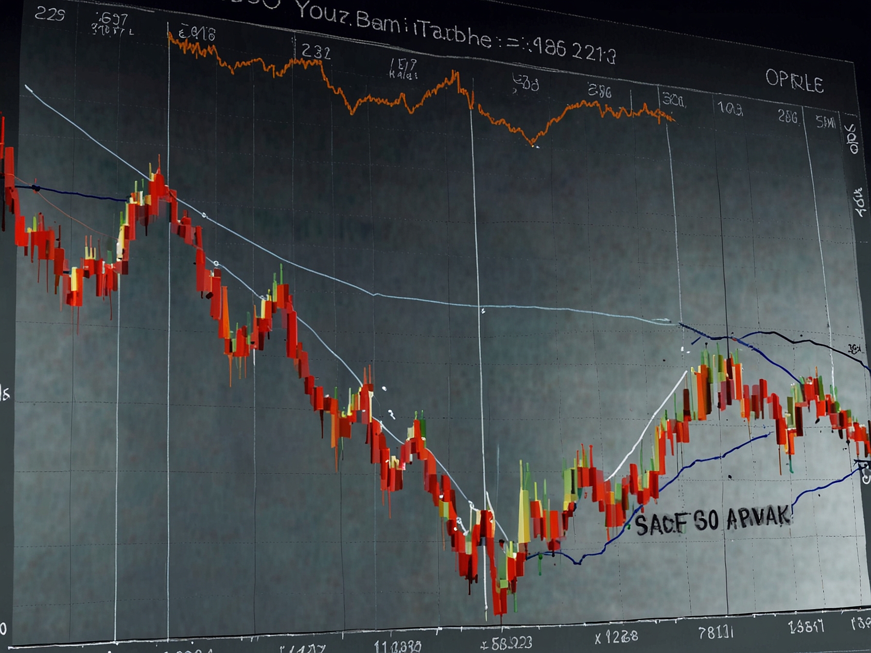 A stock market chart showing fluctuations with 'F&O Ban' labeled and seven highlighted stocks, representing volatility and market pressure.