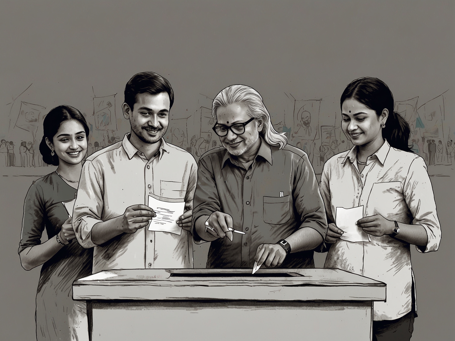 A diverse group of voters casting their ballots in Maharashtra, showcasing the vibrant political engagement in the upcoming 2024 Assembly elections and the importance of voting.