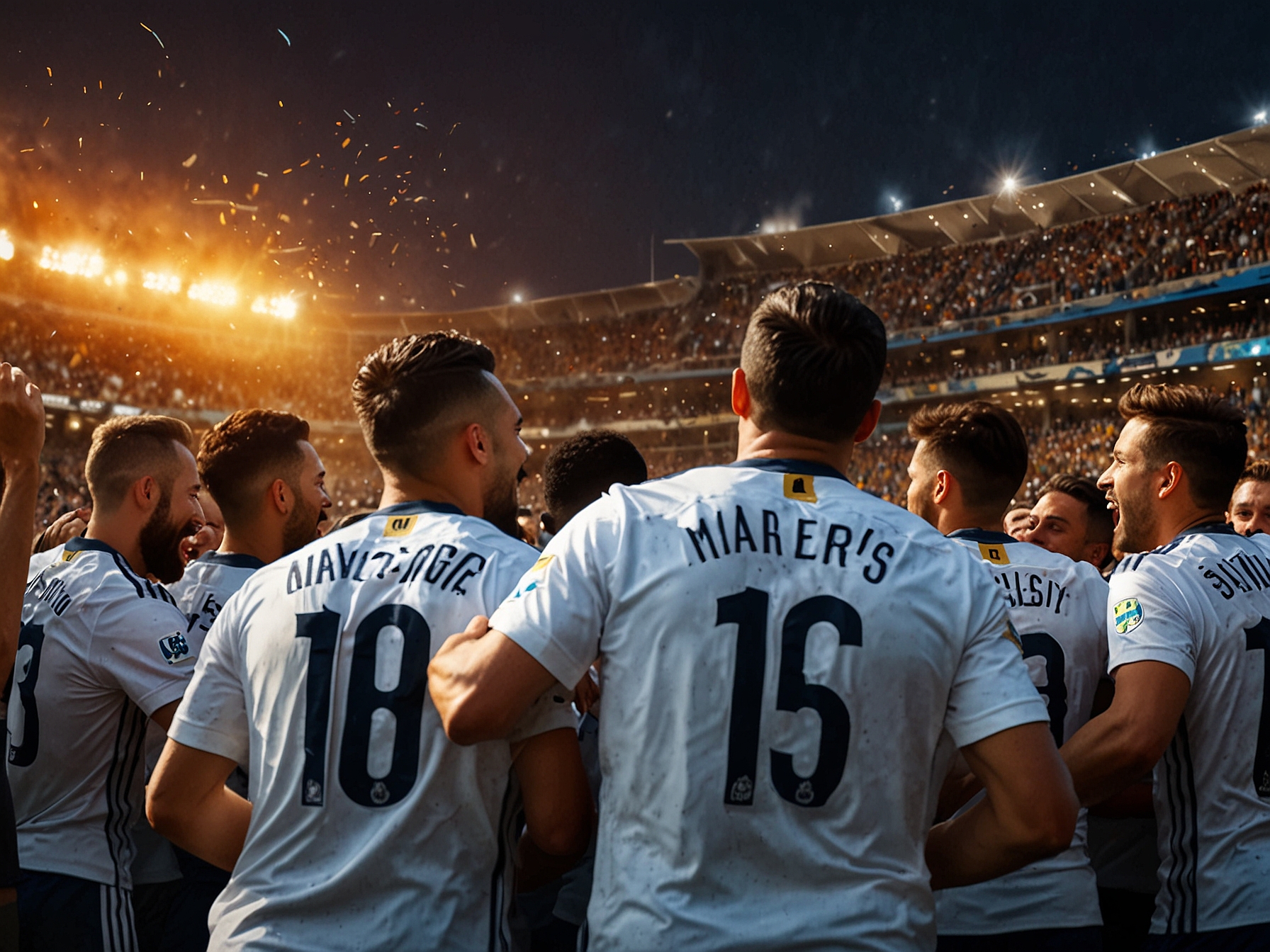 A thrilling moment from the LA Galaxy vs. Minnesota United match, showcasing LA Galaxy players celebrating a goal amidst an energetic stadium crowd. The scene captures the excitement and intensity of MLS playoffs.