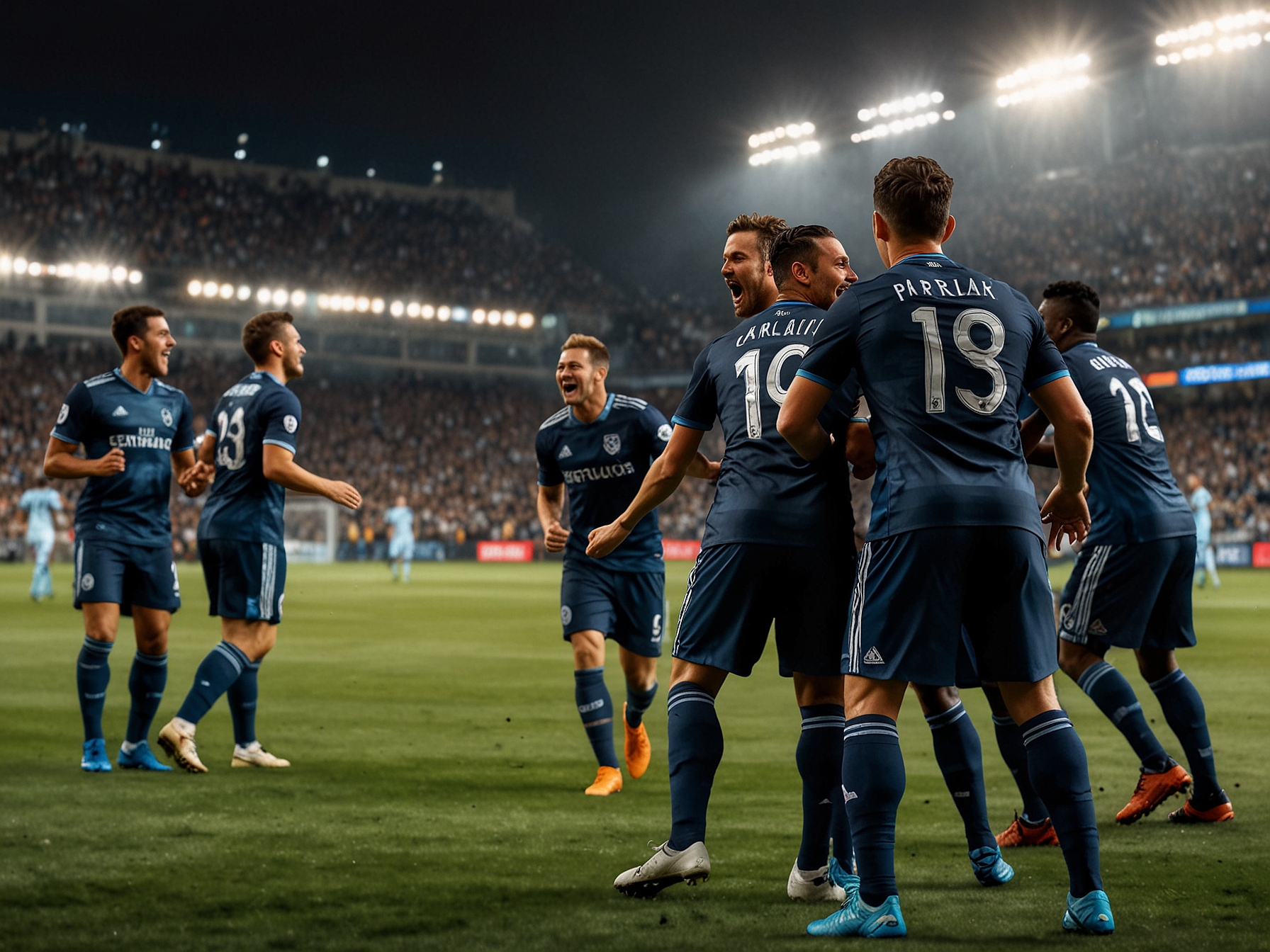 A split image featuring LA Galaxy's players in action scoring goals and Orlando City's players celebrating their victory against Atlanta United. Both moments highlight the competitive spirit of the MLS playoffs.