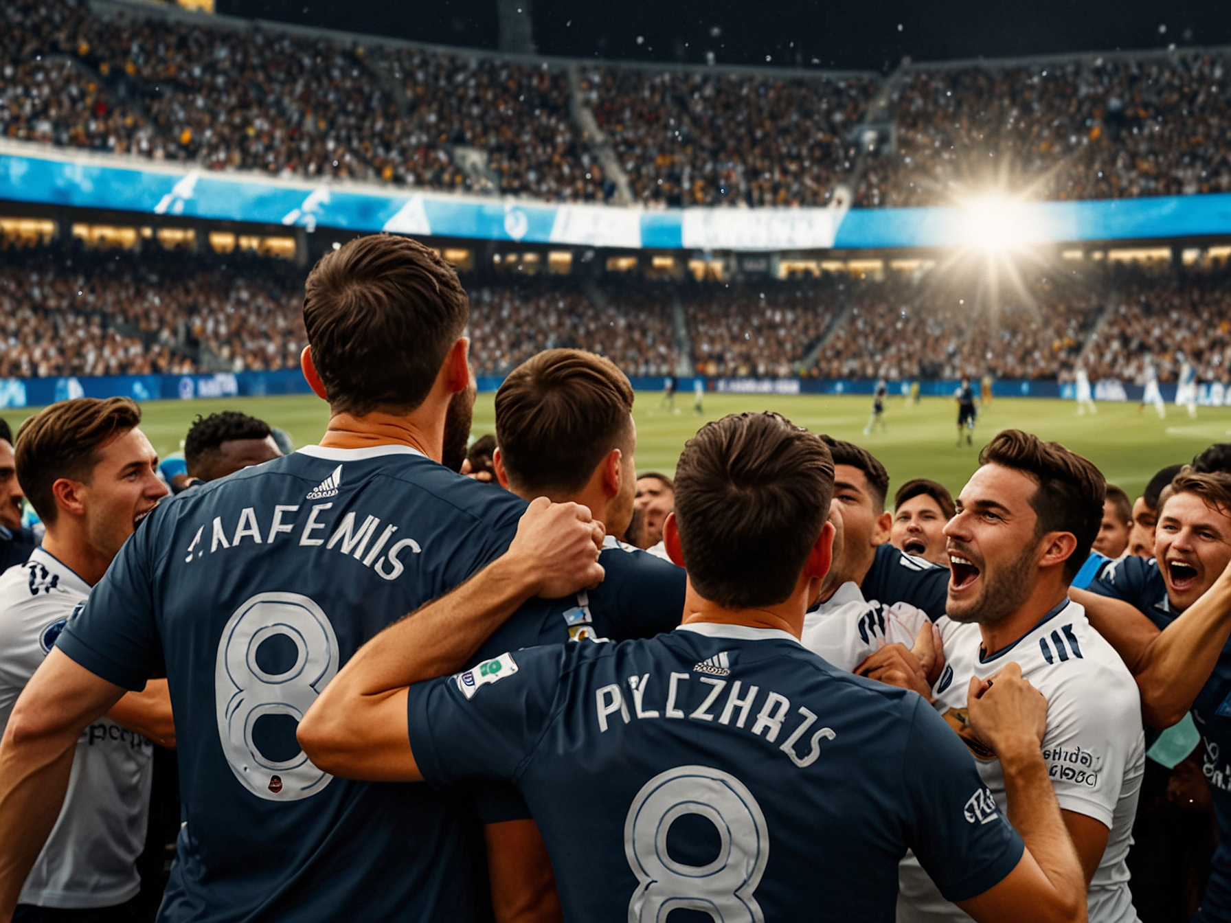 An aerial view of the stadium filled with fans, capturing the electrifying atmosphere during a crucial MLS playoff match, emphasizing the passion and energy of soccer in America.