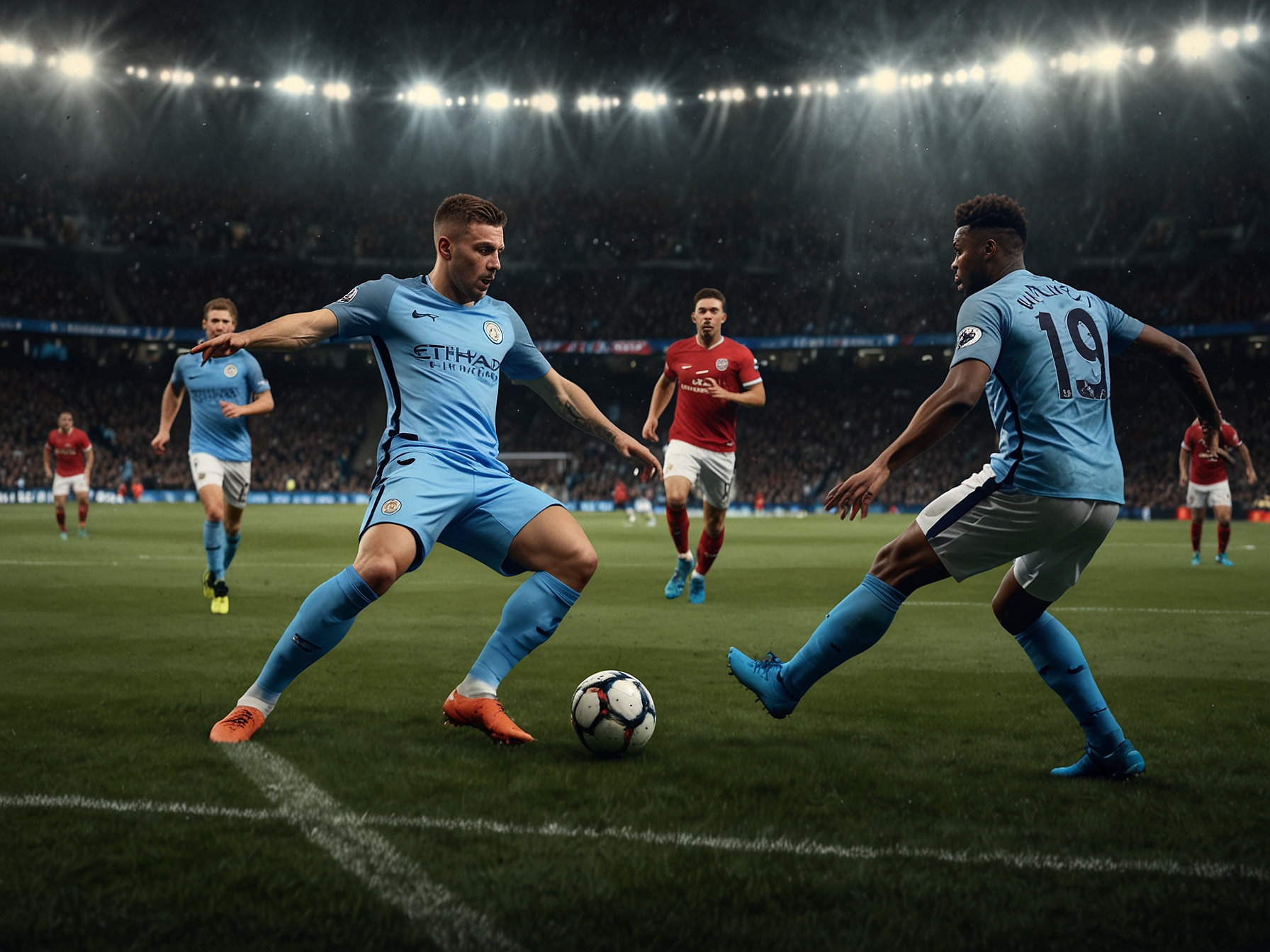 An intense match scene illustrating Dejan Kulusevski showcasing his skills on the field against Manchester City, highlighting his speed and creativity amidst a dreary setting.