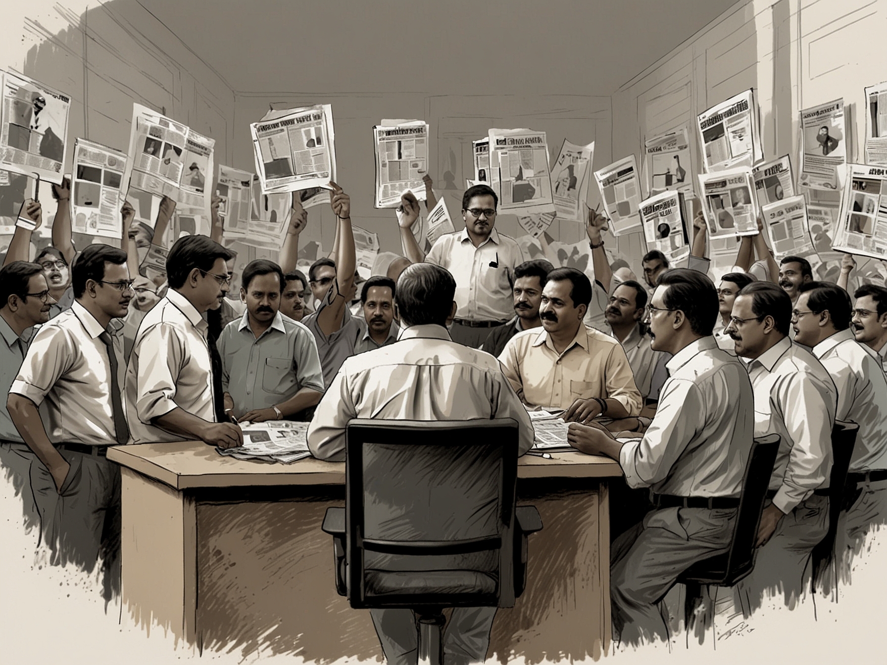 An image showing a tense political scenario, with politicians discussing and newspapers covering election results in Maharashtra, capturing the uncertainty in the air.