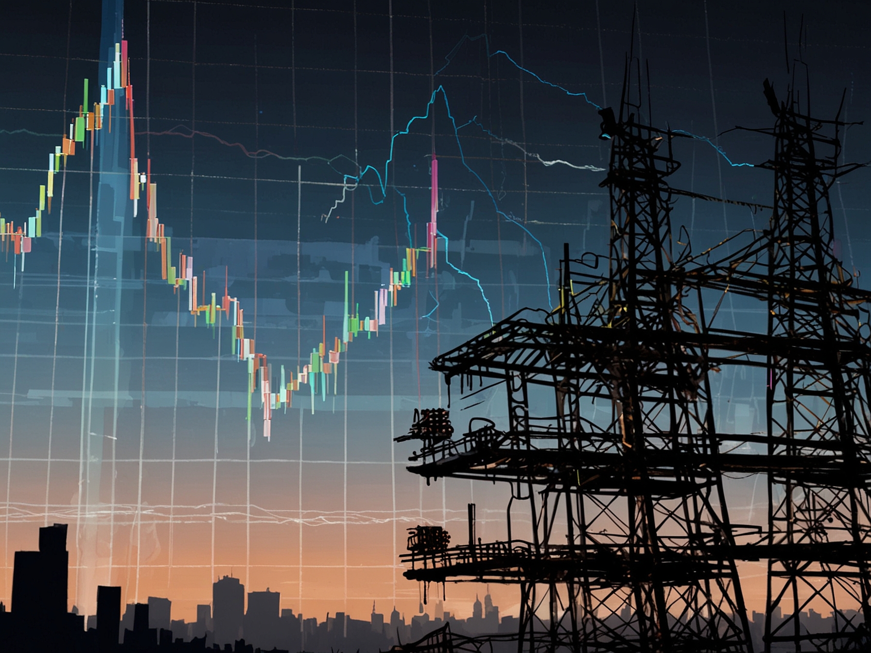 A visual representation of Power Grid's stock trends with graphs indicating its share price rising alongside market indices such as Nifty and Sensex, signifying a bullish trend.