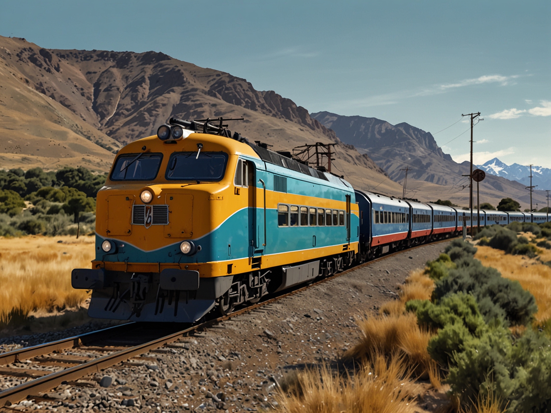 A vibrant train traveling through the scenic landscapes of Argentina, capturing the beautiful transition from urban life in Buenos Aires to the serene beaches of Mar del Plata.