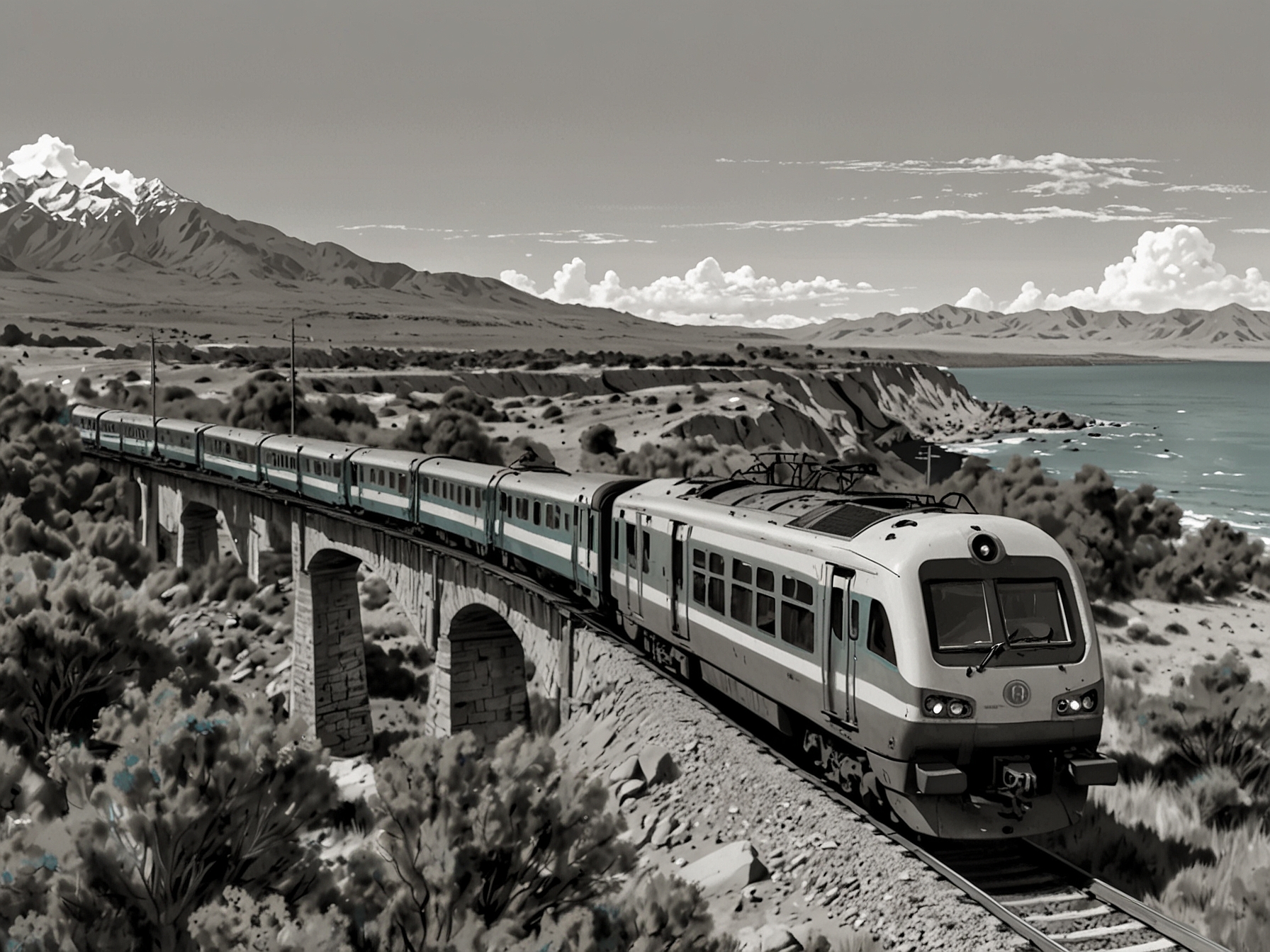 A breathtaking view from a train window, highlighting the vibrant colors of the Argentine countryside as it passes through picturesque towns and coastal regions.