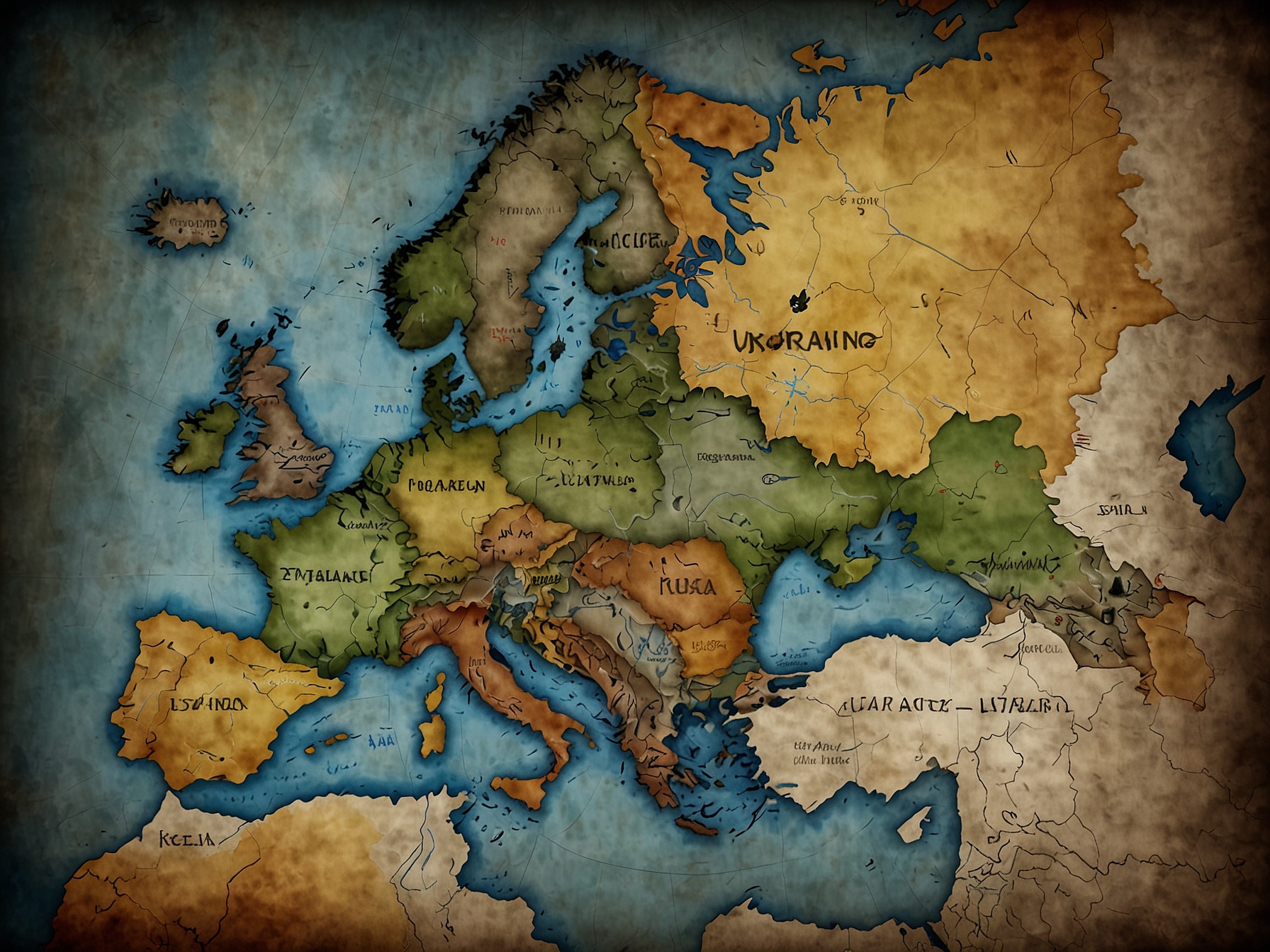 A tense political landscape illustrated by a map of Europe highlighting Russia and Ukraine, with nuclear symbols representing the threat of nuclear sharing and escalating conflict.