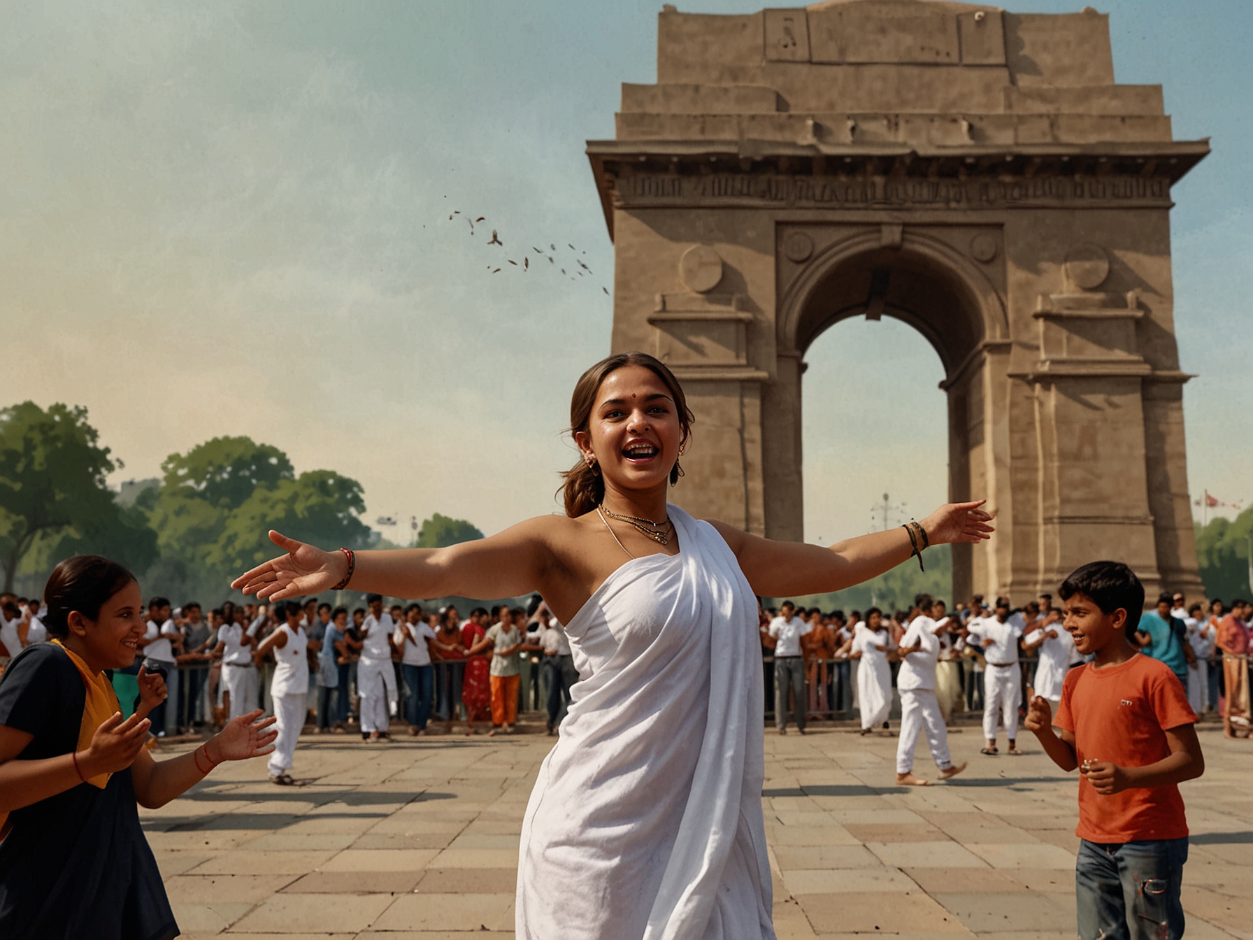 A girl in a white towel performs a dance near India Gate in Delhi, attracting a crowd of onlookers, including families and children, amidst a backdrop of the famous monument.