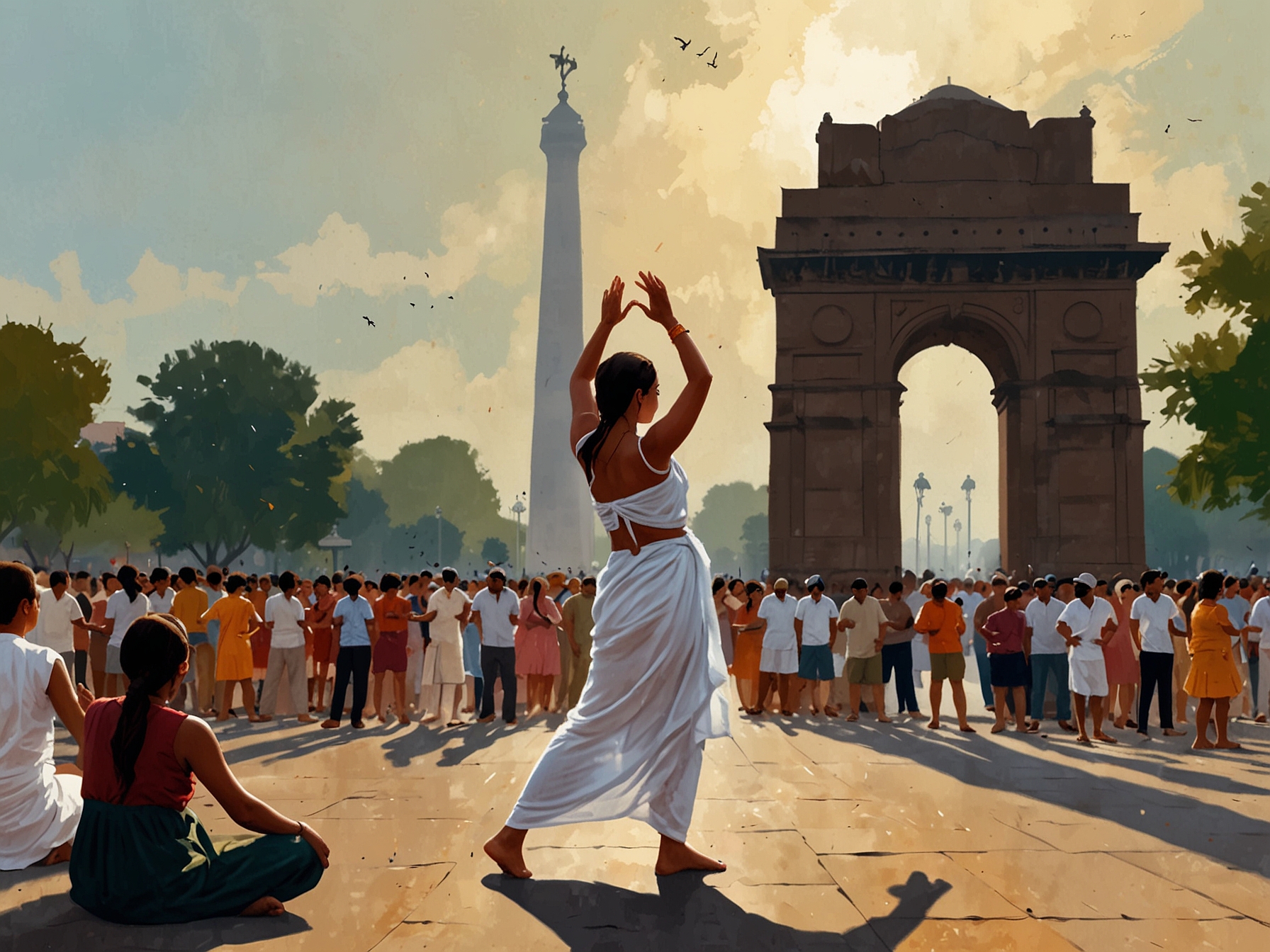 A lively scene capturing the excitement and controversy at India Gate, with a girl in a towel dancing joyfully, while puzzled spectators watch and record the moment on their smartphones.
