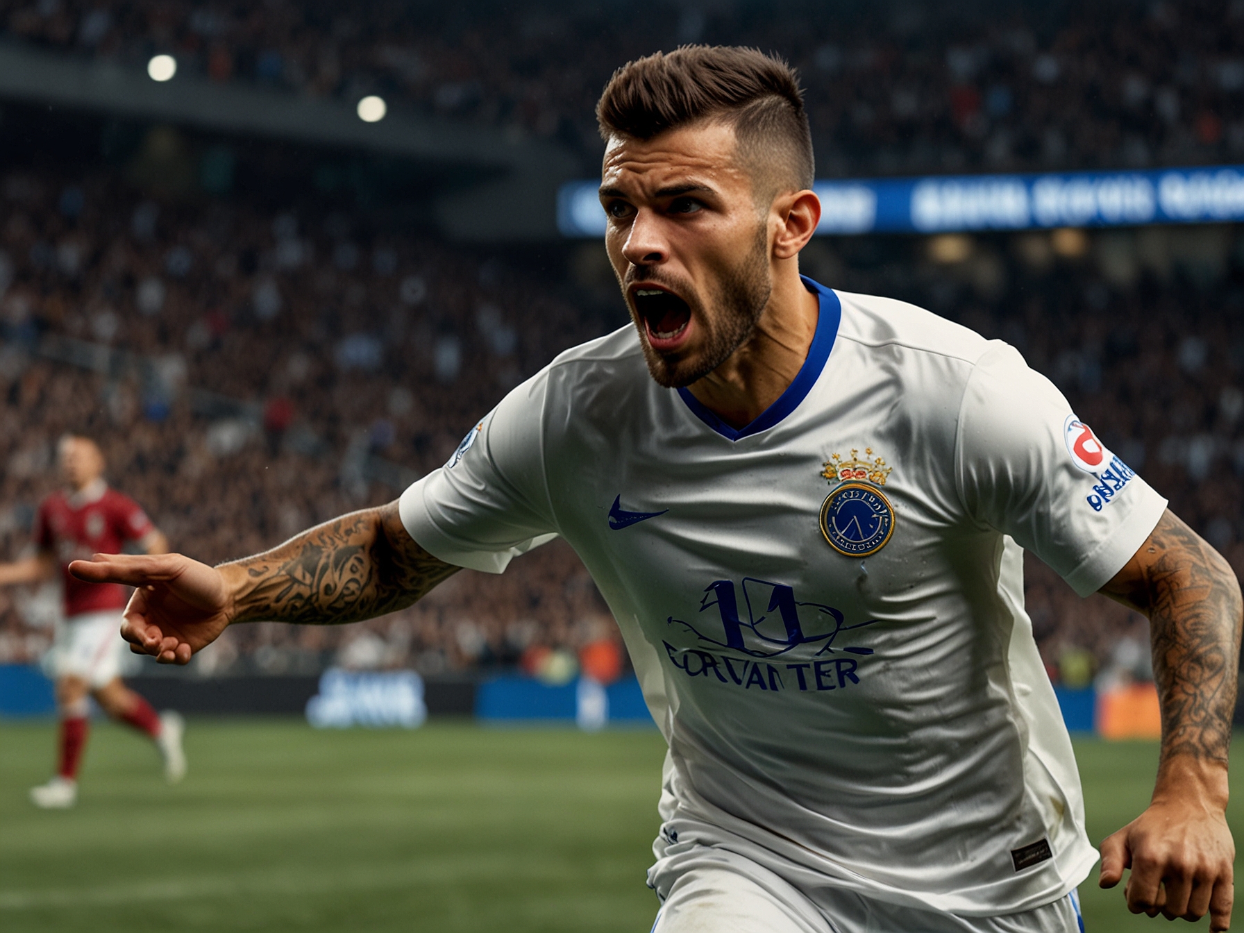 An action shot of Lucas Lima on the pitch, dribbling past defenders, with fans cheering wildly in the background, capturing the excitement of Sport's resurgence.