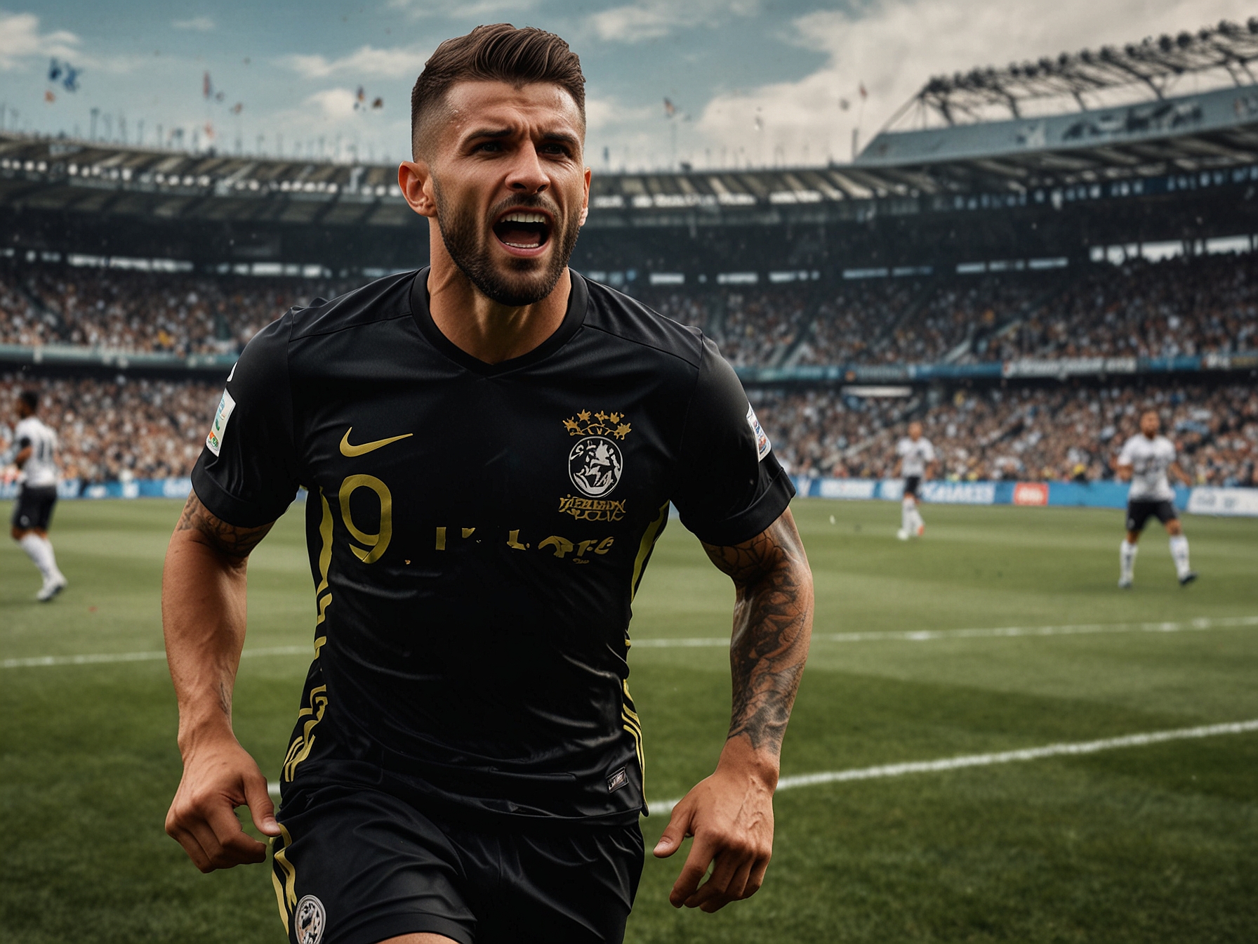 A close-up of Lucas Lima celebrating after scoring a goal, arms raised in triumph, showing the emotion and connection he feels with the club and its supporters.
