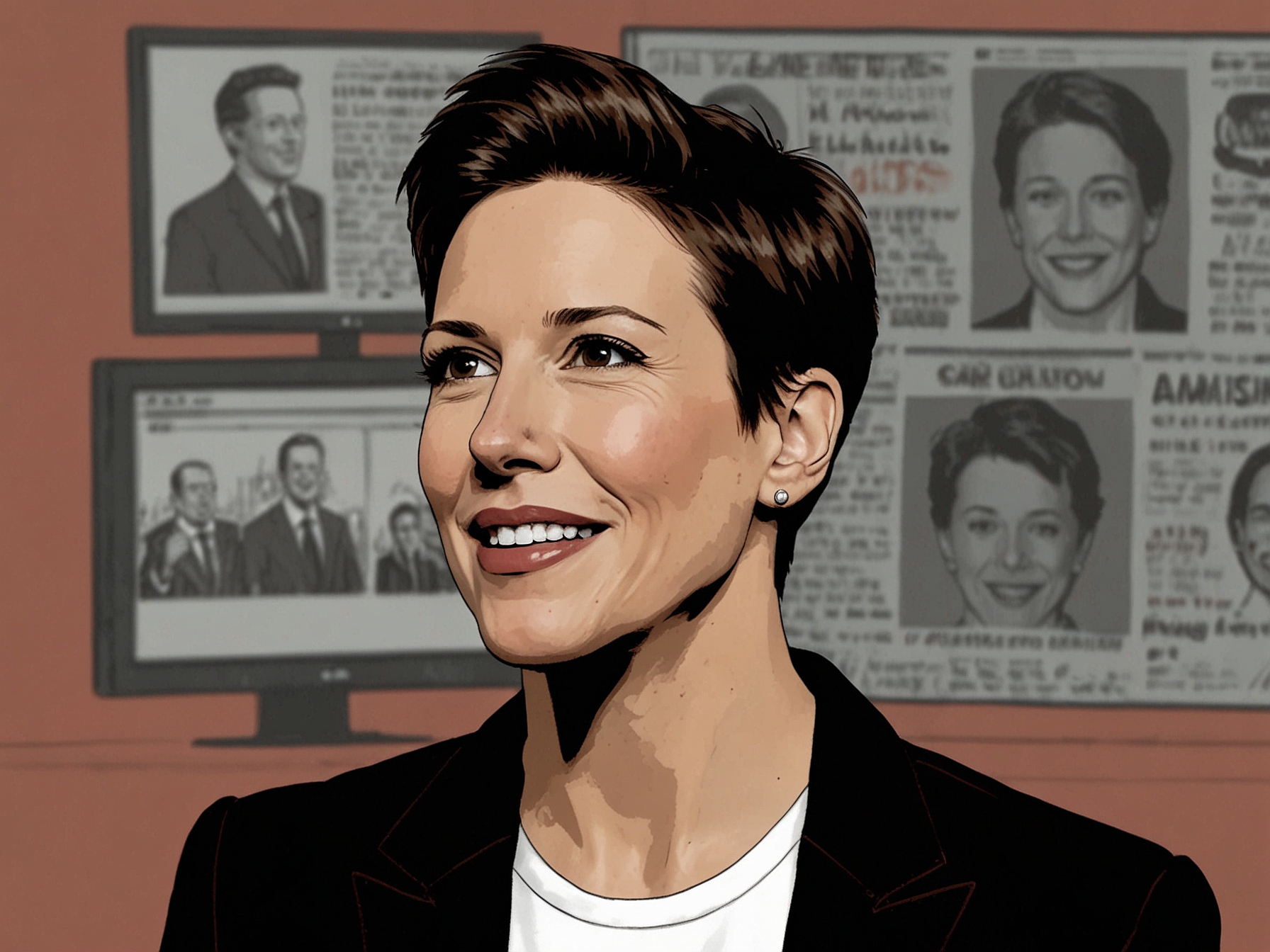 An image illustrating Rachel Maddow mid-broadcast, with evident emotion on her face, juxtaposed with a meme of Elon Musk humorously suggesting he might buy MSNBC, symbolizing the clash of humor and serious news.