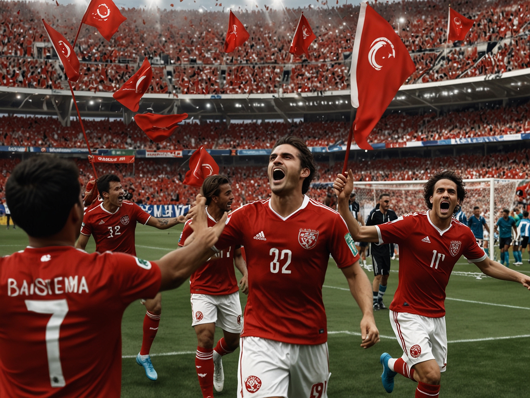 A dramatic scene captures Internacional's jubilant players celebrating a goal against Bragantino at Beira-Rio, with fans cheering in the background, symbolizing the excitement of the match.