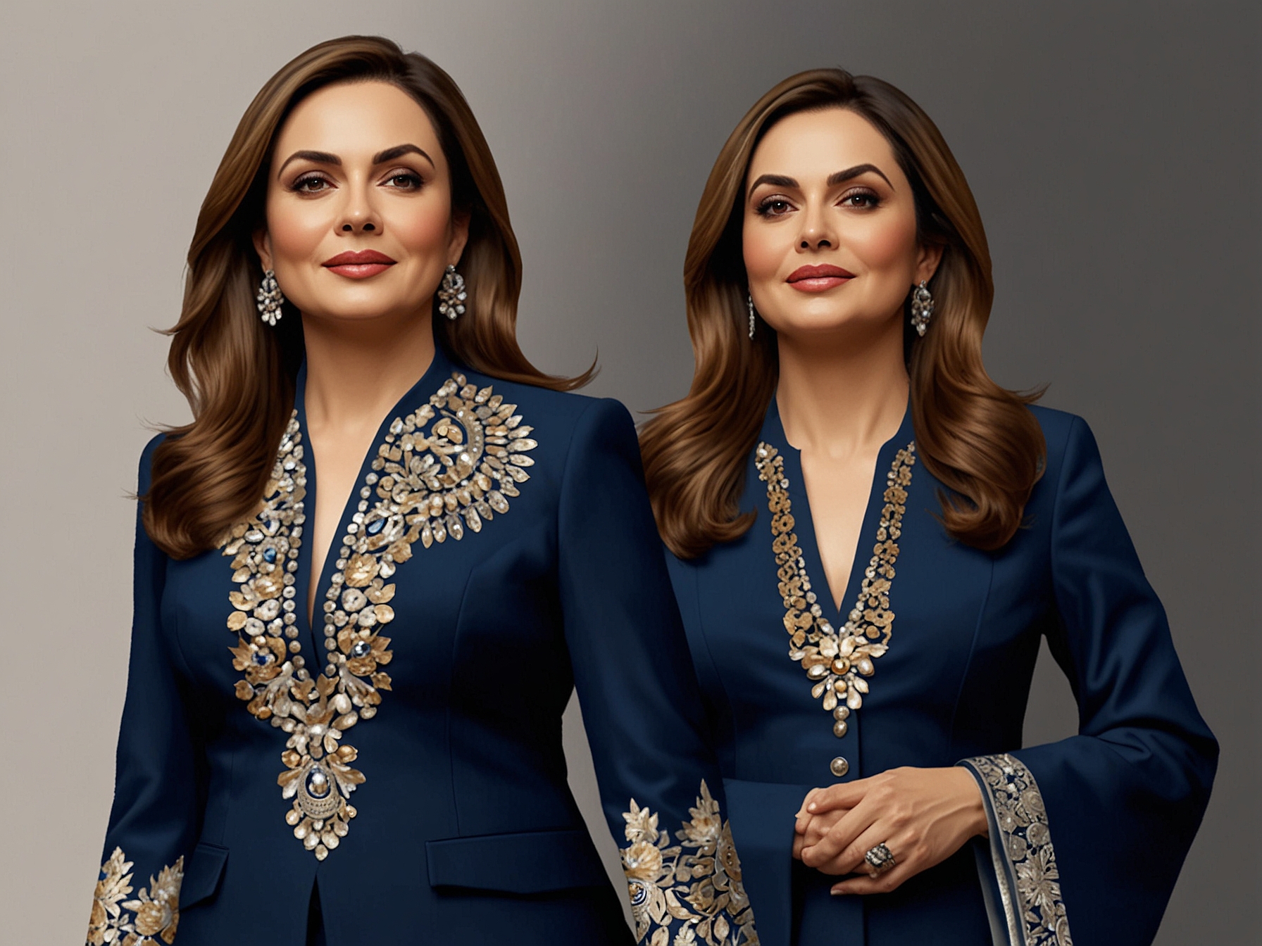 Nita Ambani walking confidently at the IPL 2025 auction, showcasing her elegant navy tweed pantsuit adorned with intricate metallic threading and stunning accessories.