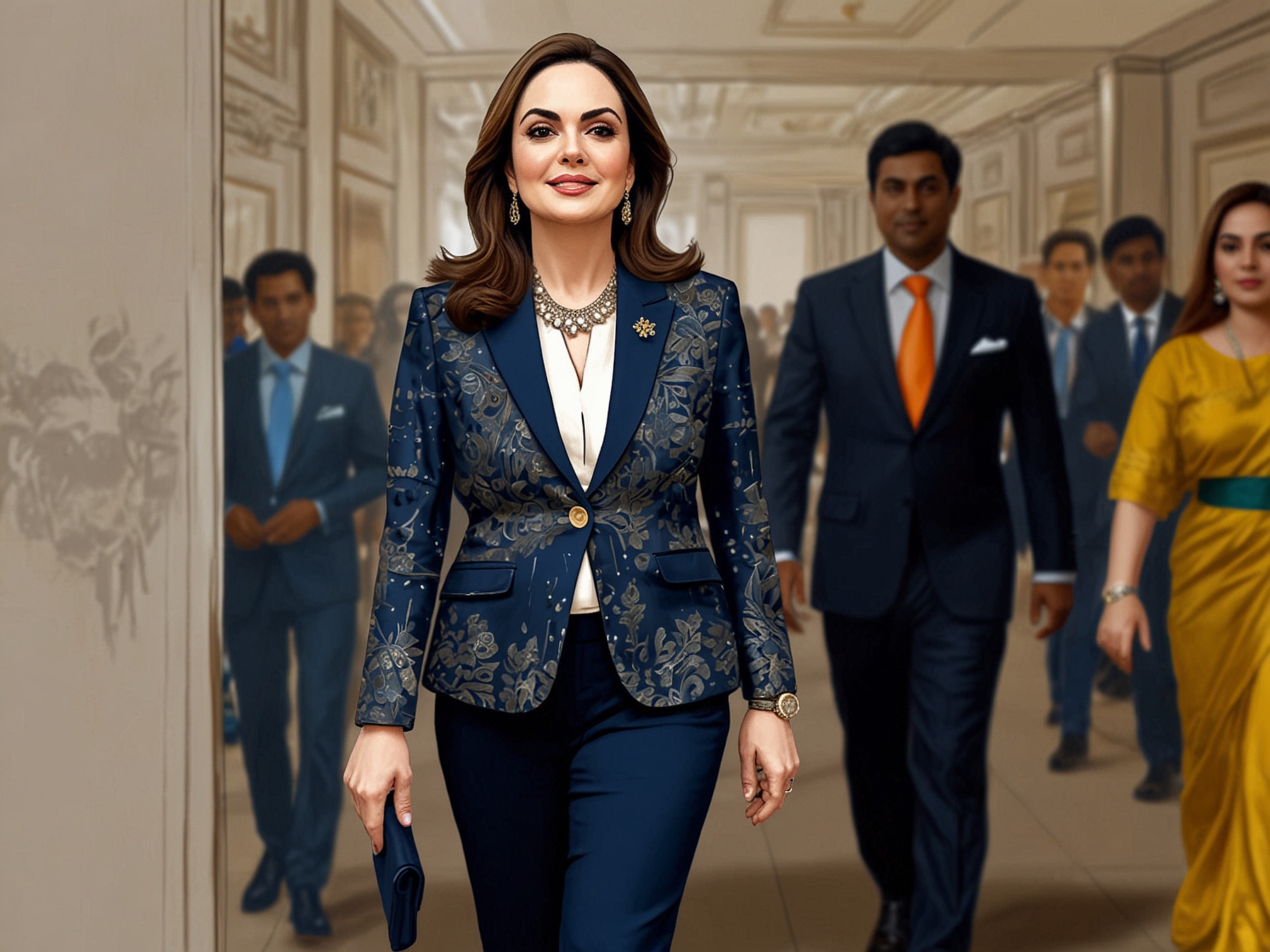 Close-up of Nita Ambani's elegant diamond jewellery, featuring sparkling earrings, a statement ring, and a diamond-studded 'M' brooch on her blazer, highlighting her luxurious style.