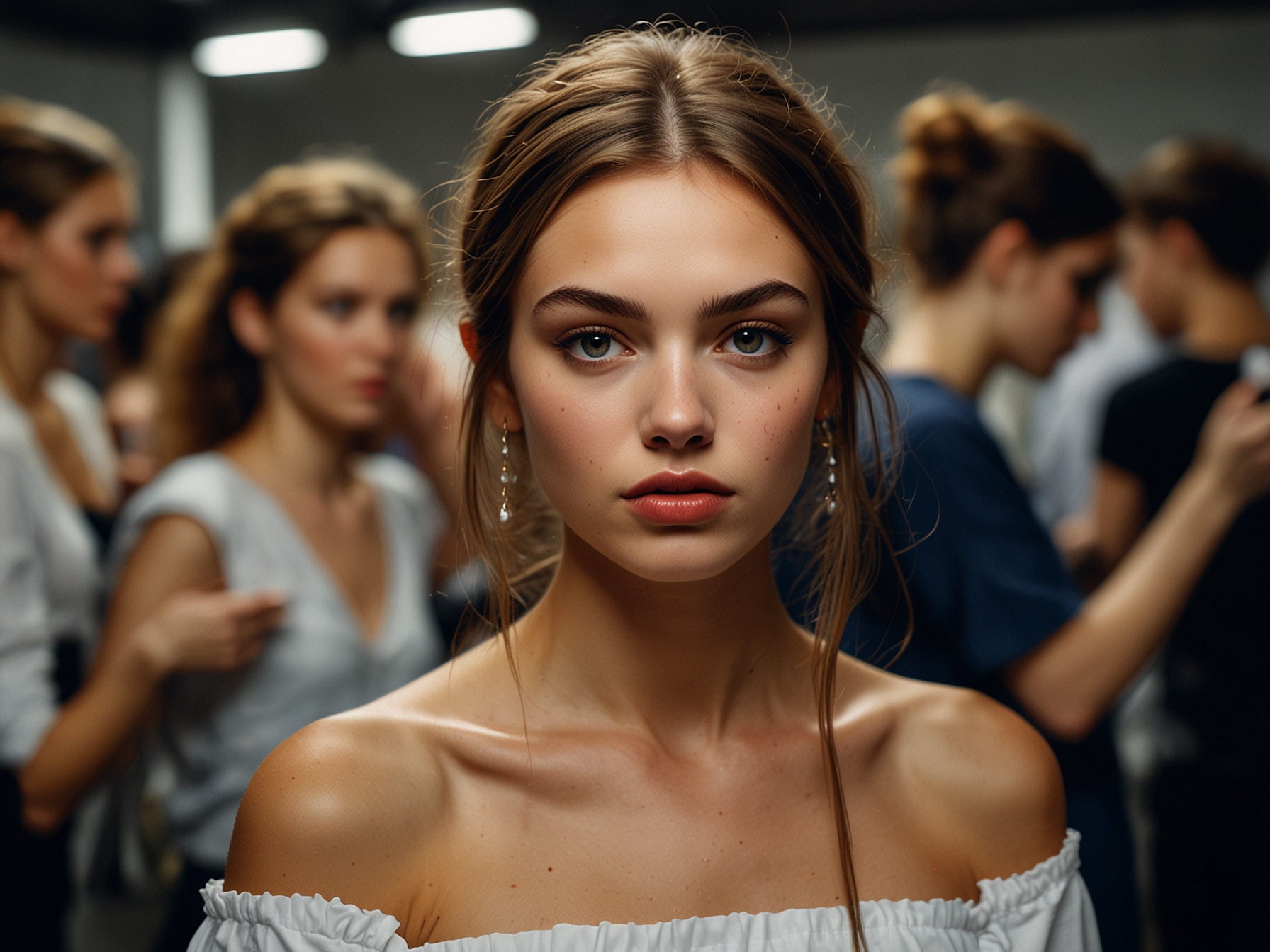 A bustling backstage scene at the Bilbao Fashion Week, where stylists rush to prepare models with makeup and hairstyles amid the excitement and chaos of an upcoming show.
