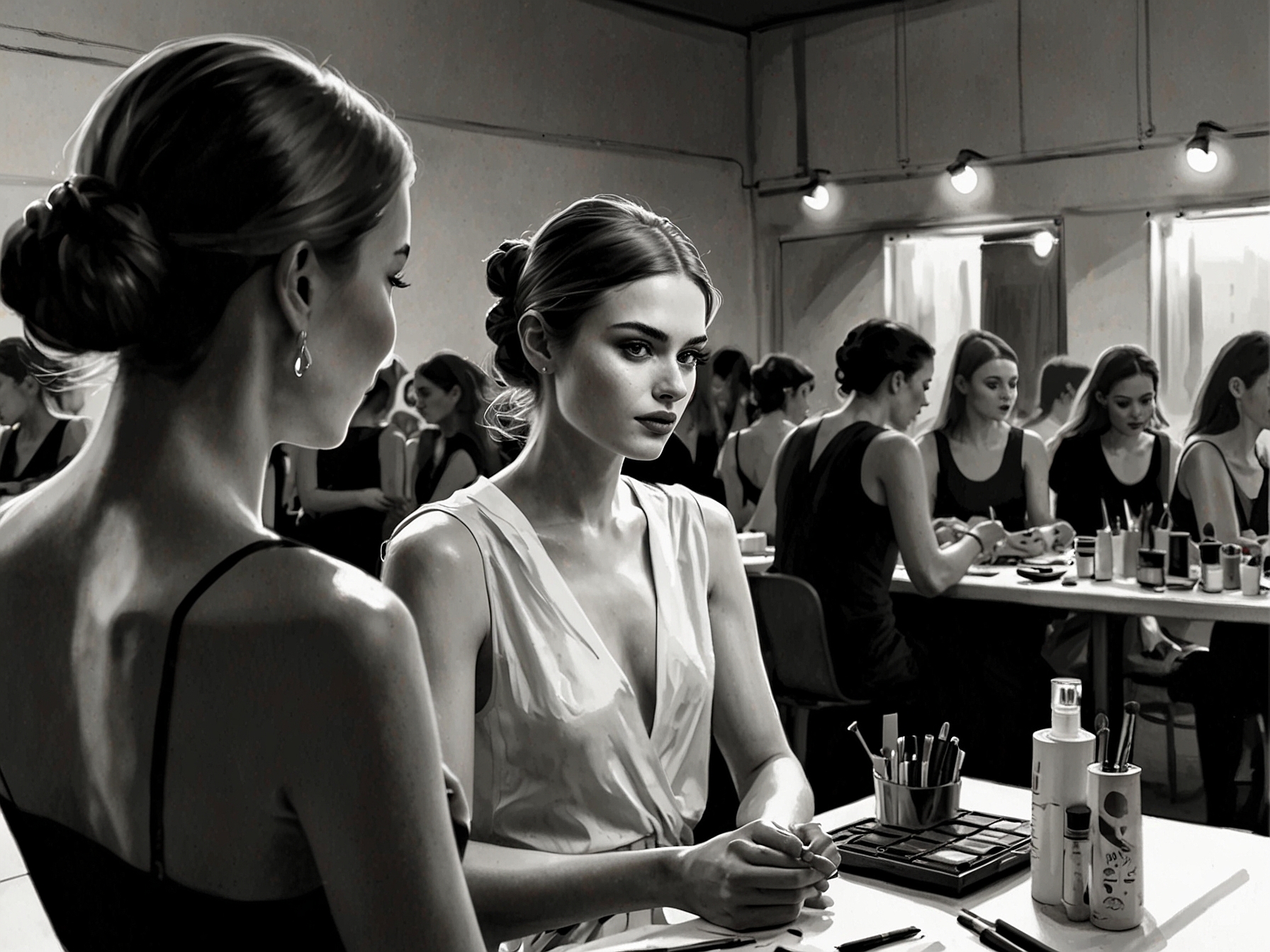Celebrities and fashionistas mingling at the Bilbao Fashion Week, captured in an electric atmosphere filled with anticipation and joy as the show prepares to start.