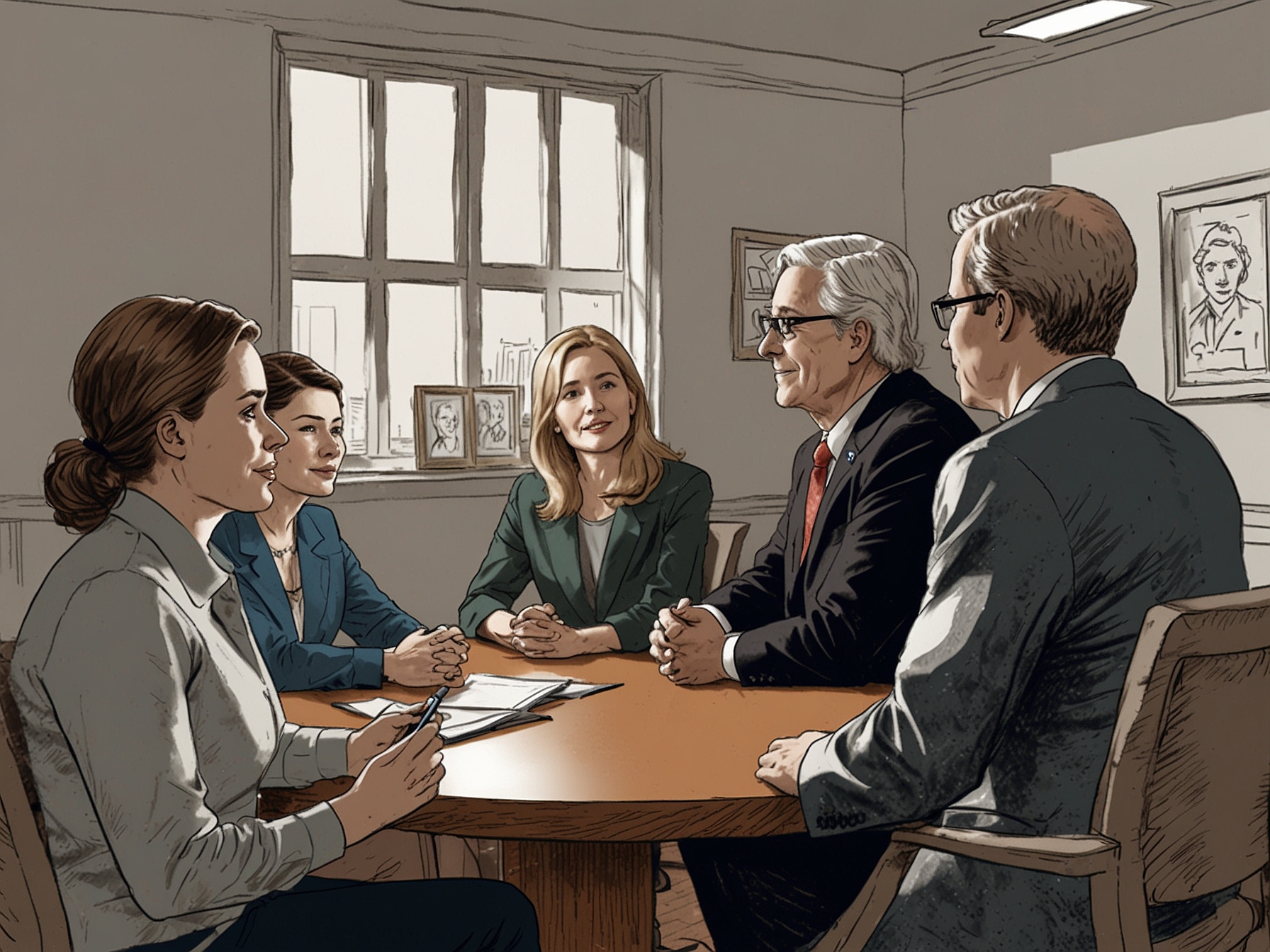 A group of State Department employees sitting in a circle during a therapy session, expressing their thoughts and emotions after the 2016 election results, showcasing the emotional atmosphere of the meeting.