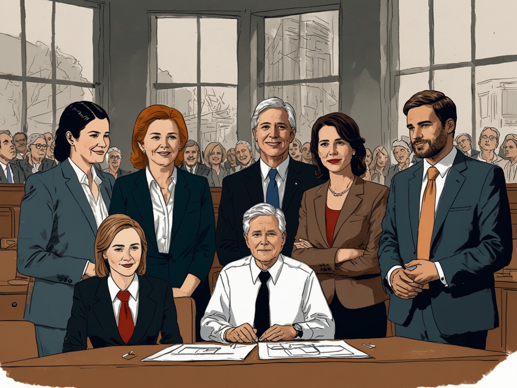 A tense meeting at the State Department where employees discuss the impact of political changes on their mental health, with visual cues reflecting diverse emotional responses.