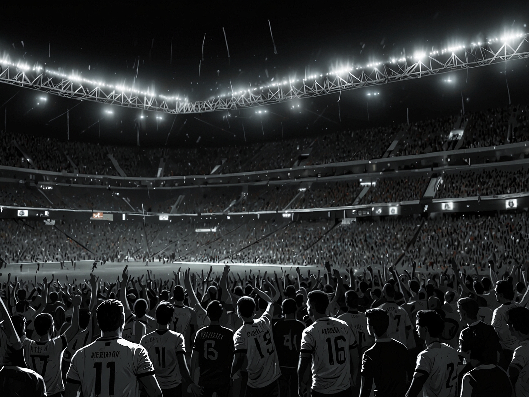 An emotionally charged football stadium filled with passionate Novorizontino fans showing hope and disappointment, capturing the essence of their recent match against Goiás.
