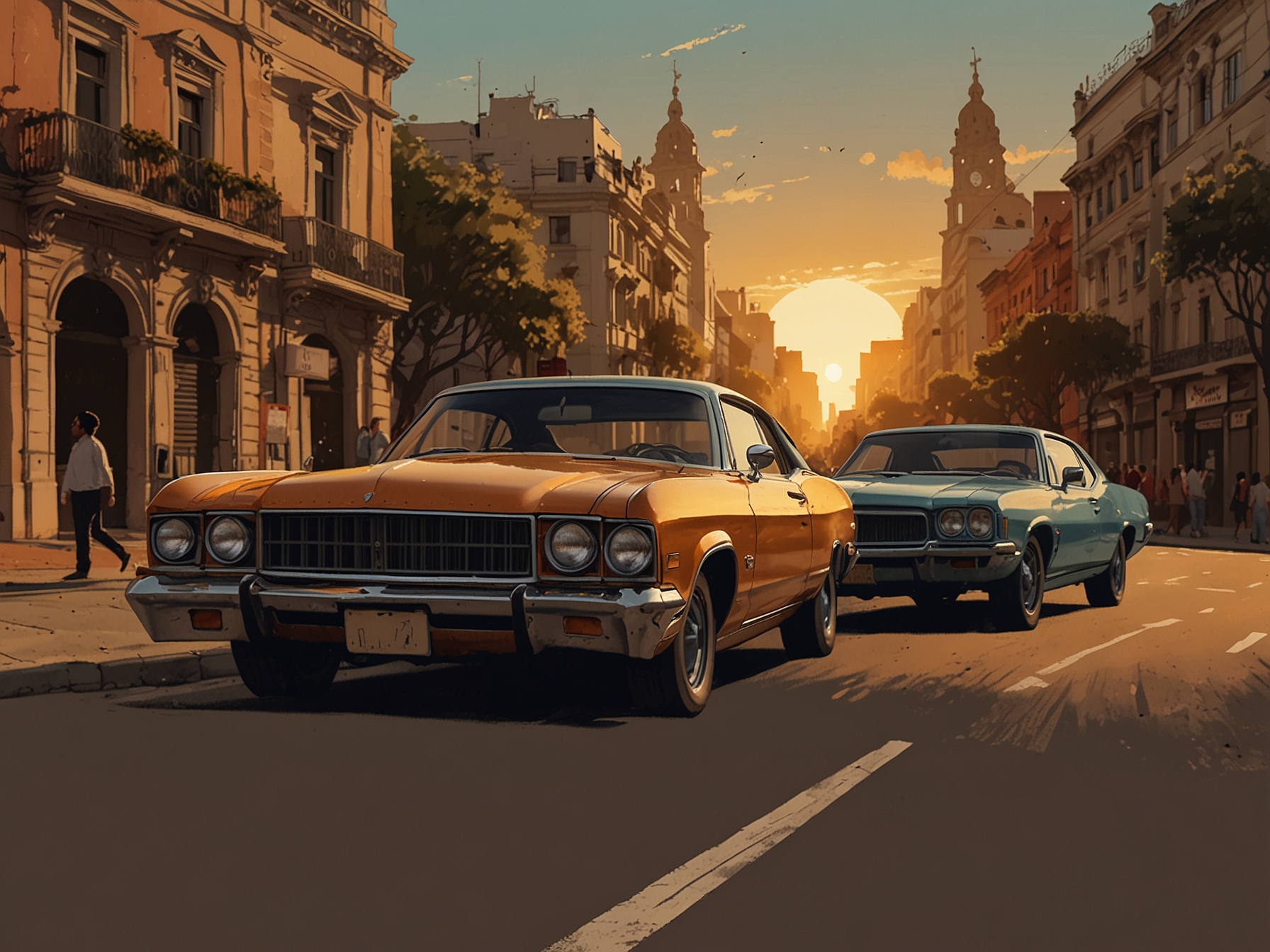A nostalgic scene featuring Felipe Colombo and Benjamín Rojas driving through Buenos Aires, with landmarks symbolizing their journey in music and friendship. The sunset casts a warm glow, evoking memories of the past.