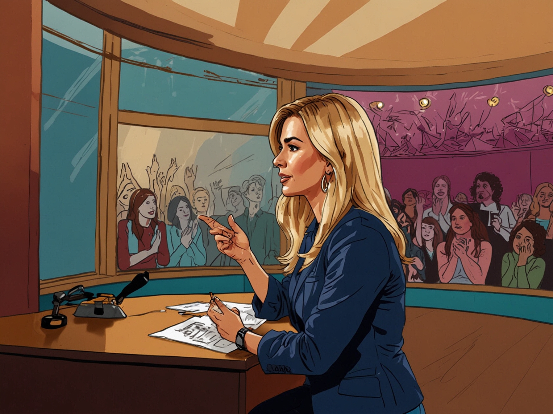 Close-up of Yanina Latorre as she reveals shocking truths, emotion etched on her face, capturing the tension of the live audience in the background.