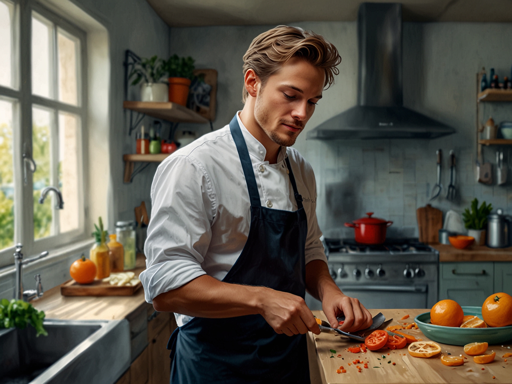 An expressive image of Christian Petersen cooking in a vibrant kitchen, showcasing his passion for culinary arts while reflecting on his transformative journey from a troubled youth to a celebrated chef.
