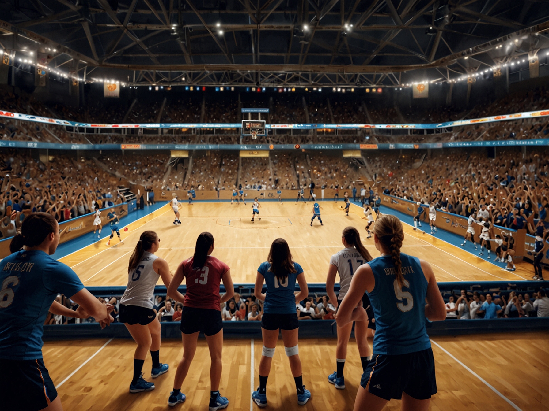 A tense volleyball match in progress, showcasing San Jose State players in action against a backdrop of a packed arena, with diverse fans expressing mixed emotions on the sidelines.