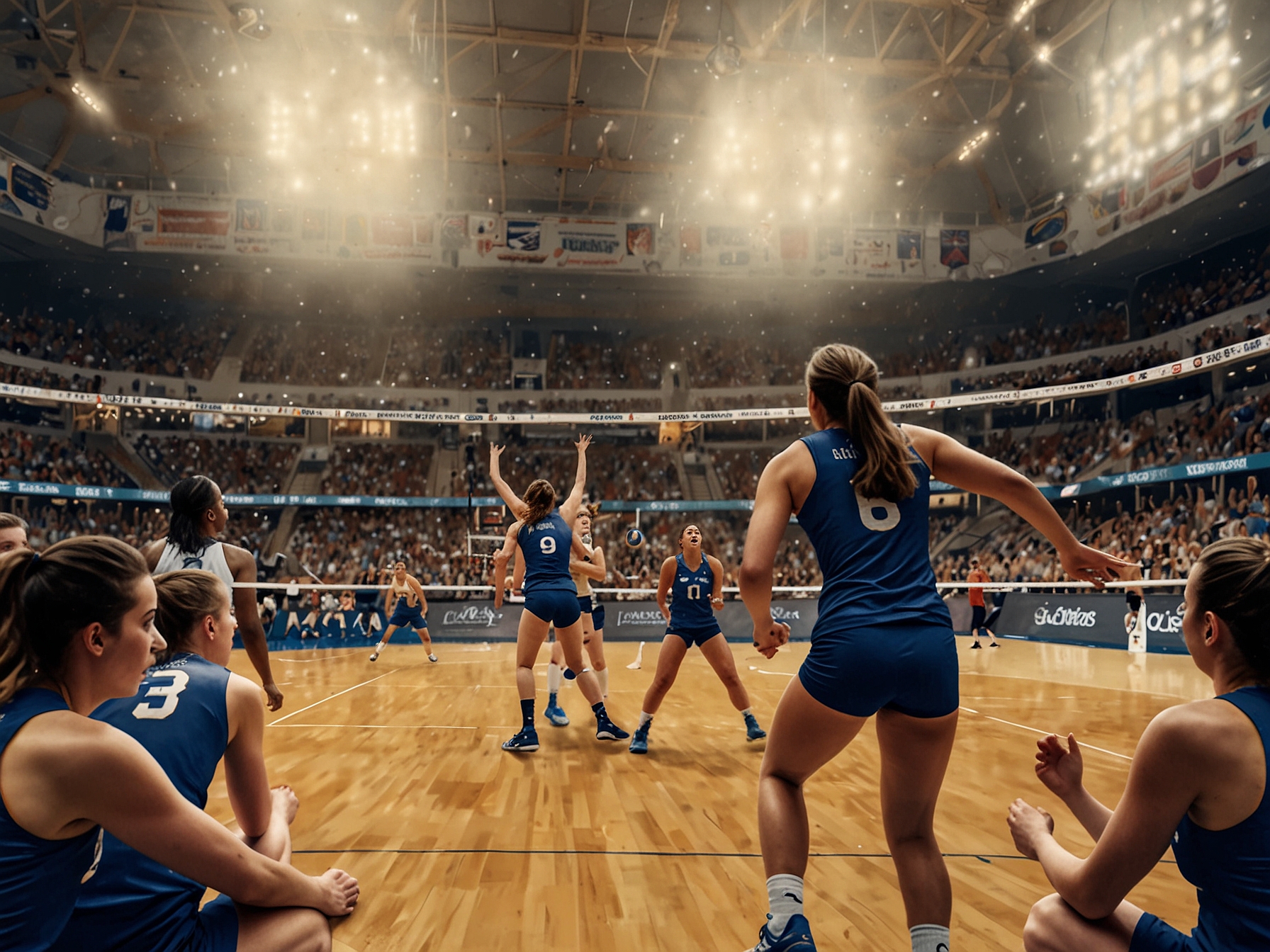 A close-up of a volleyball with the Mountain West logo, surrounded by social media posts discussing inclusion and competition in sports, symbolizing the current debate in women's athletics.