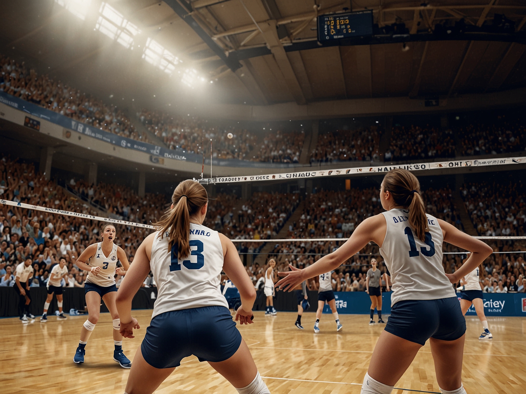 Two opposing teams huddled together, discussing strategy, while a referee oversees the court, highlighting the competitive atmosphere amidst ongoing conversations about sports ethics and inclusion.
