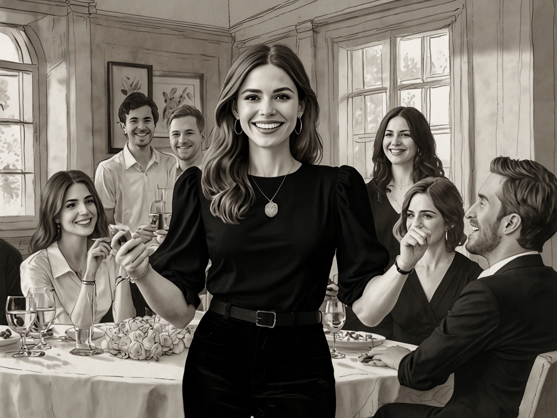 Athina Papadimitriou in a stunning black blouse with puffed sleeves at her bridal shower, surrounded by friends, embodying joy and elegance.