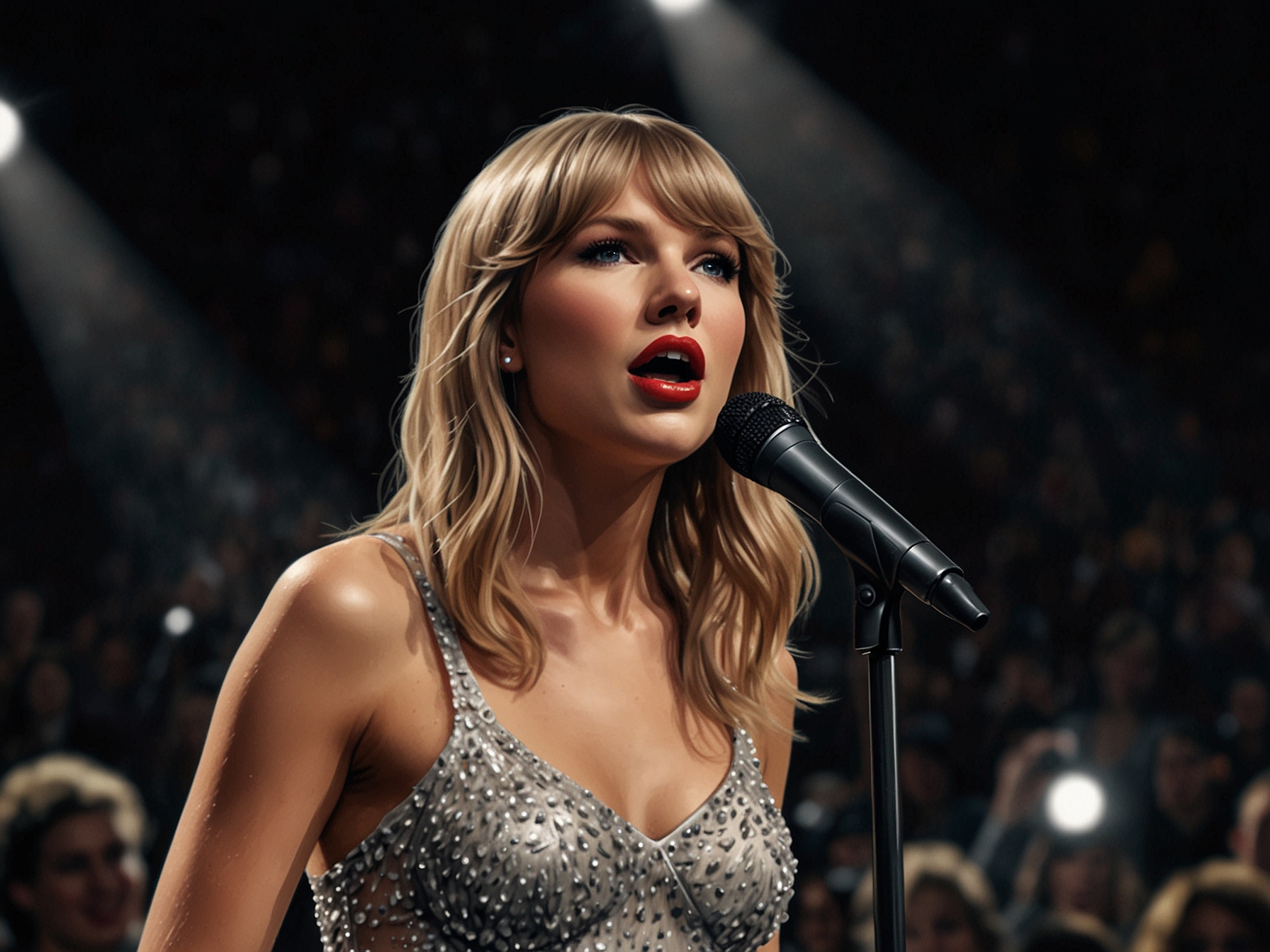 A close-up of Taylor Swift on stage in Toronto, tearfully addressing her fans as the spotlight illuminates her, capturing the emotional connection of the evening.