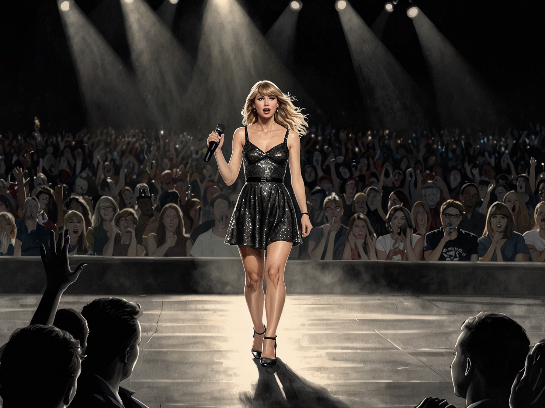 Taylor Swift performing on stage, surrounded by colorful lights, with her guitar in hand, showcasing the power of live music and the bond between her and the audience.