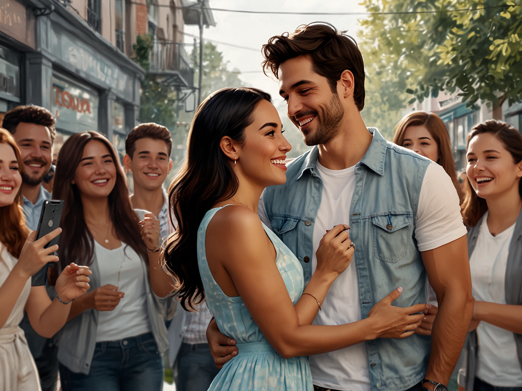 An engaging image capturing Celeste Cid and Santiago Korovsky sharing a light-hearted moment at a public event, surrounded by curious fans and media cameras, reflecting the chemistry that fuels romance rumors.
