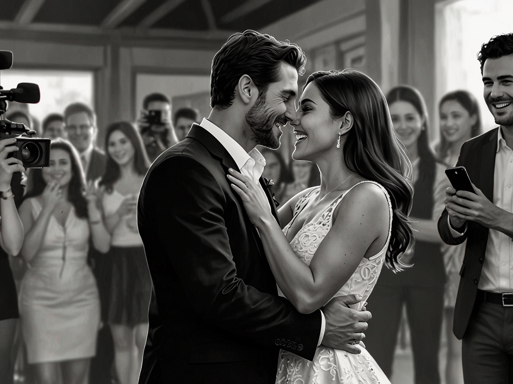 A snapshot from the Simón de la Montaña event, capturing Celeste Cid and Santiago Korovsky in a playful moment, embodying the teasing nature of their rumored romance as onlookers watch closely.