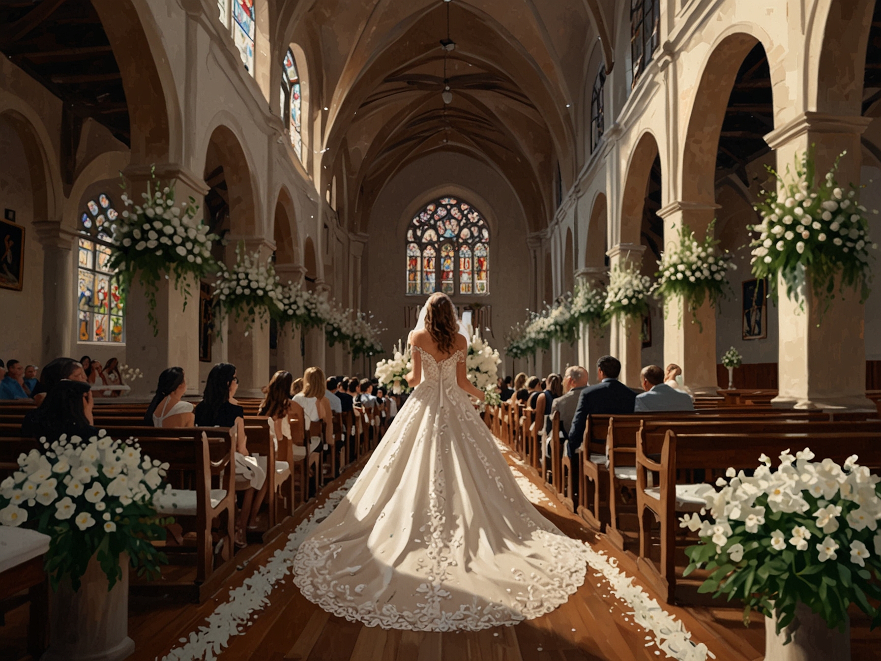 A breathtaking shot of Taína Laurino walking down the aisle in her stunning white gown, surrounded by white flower arches in the Basílica del Santísimo Sacramento.